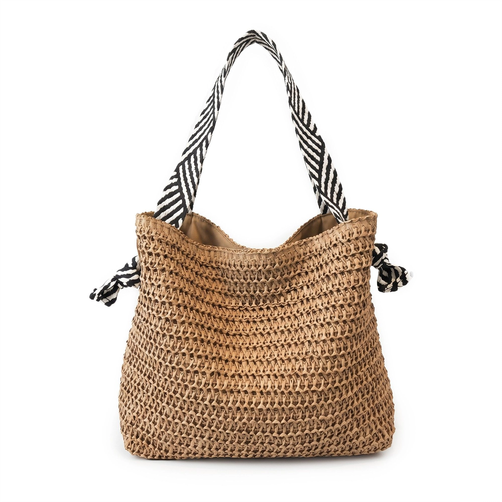 Alilang Women's Woven Crochet Tote Bag with Drawstring Detail and Pattern Strap Shoulder Handbag Lightweight Knit