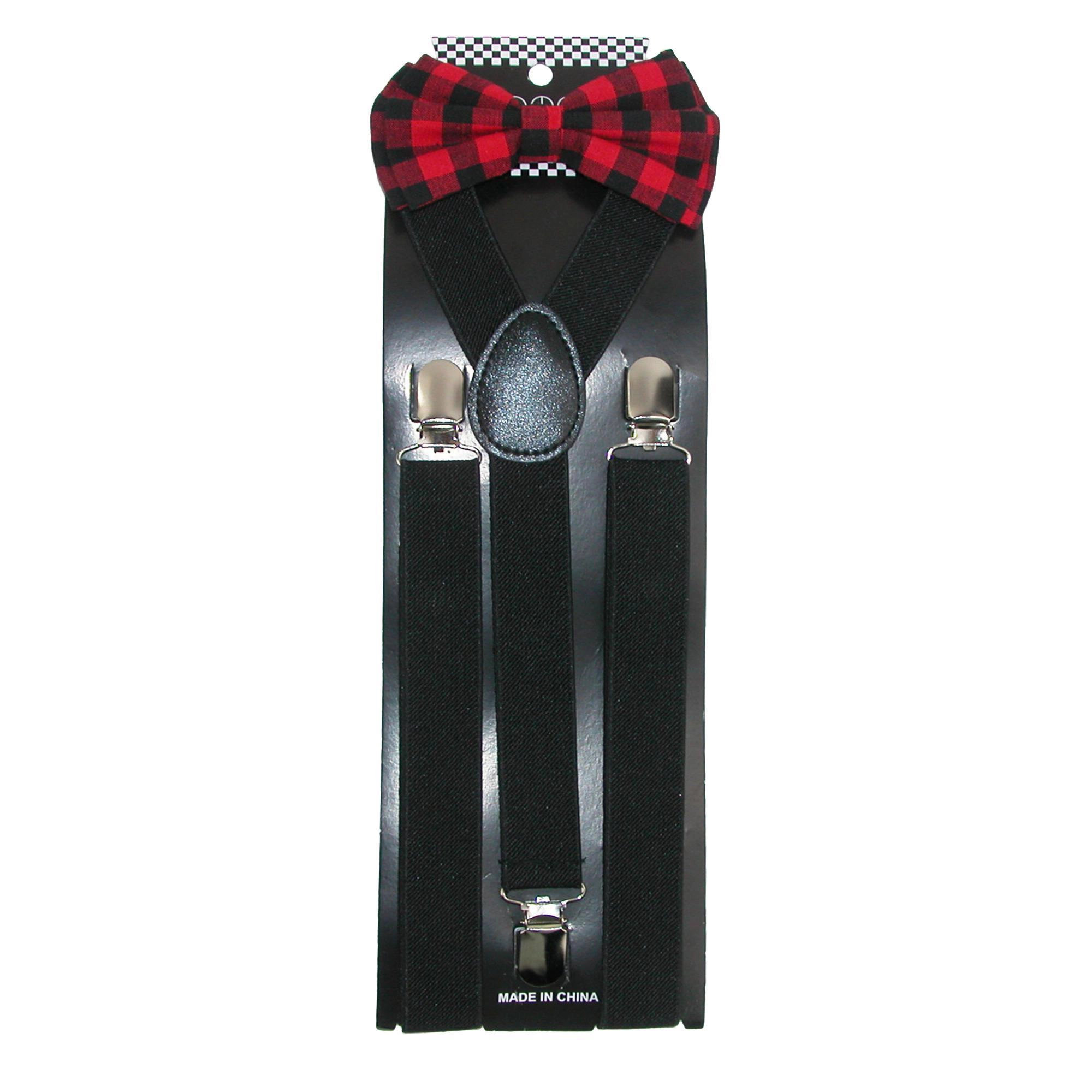 CTM Men's Buffalo Plaid Bow Tie with Solid Suspender Set