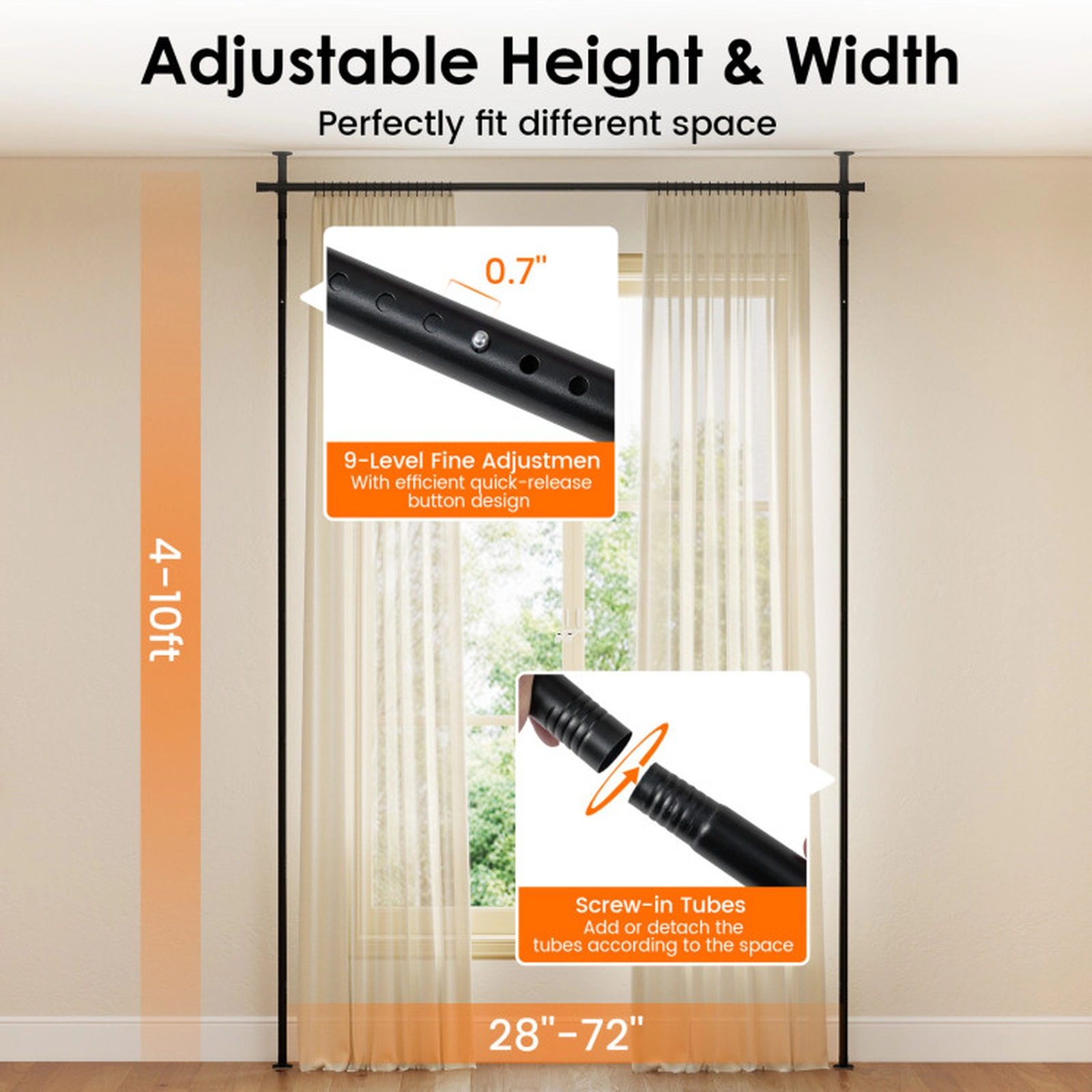 SUGIFT Black 45-lb Capacity No-Drill Floor to Ceiling Tension Room Divider Curtain Rod Adjustable 4 to 10 ft