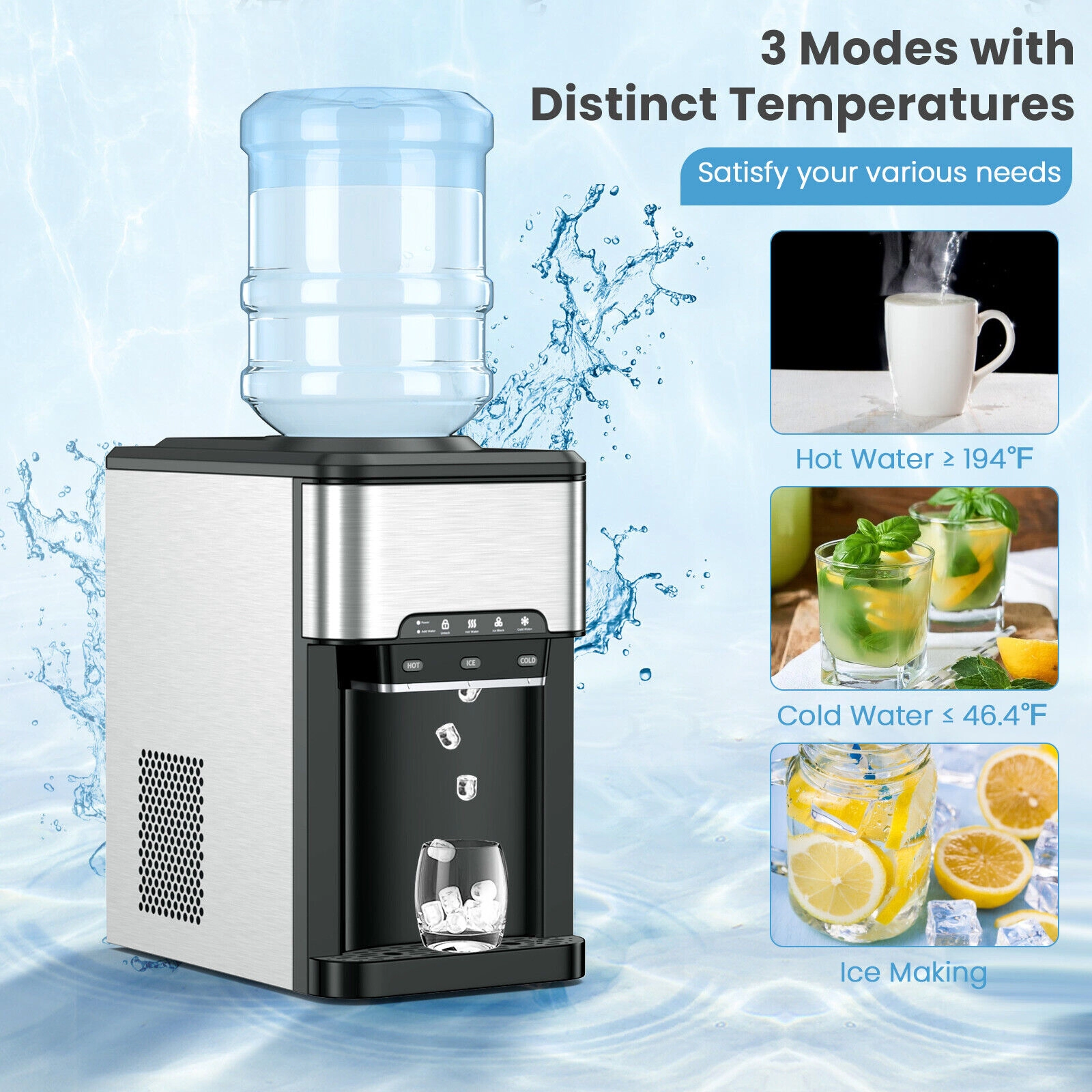 SUGIFT Silver 3-in-1 Hot and Cold Water Cooler Dispenser with Built-In Ice Maker and Child Lock