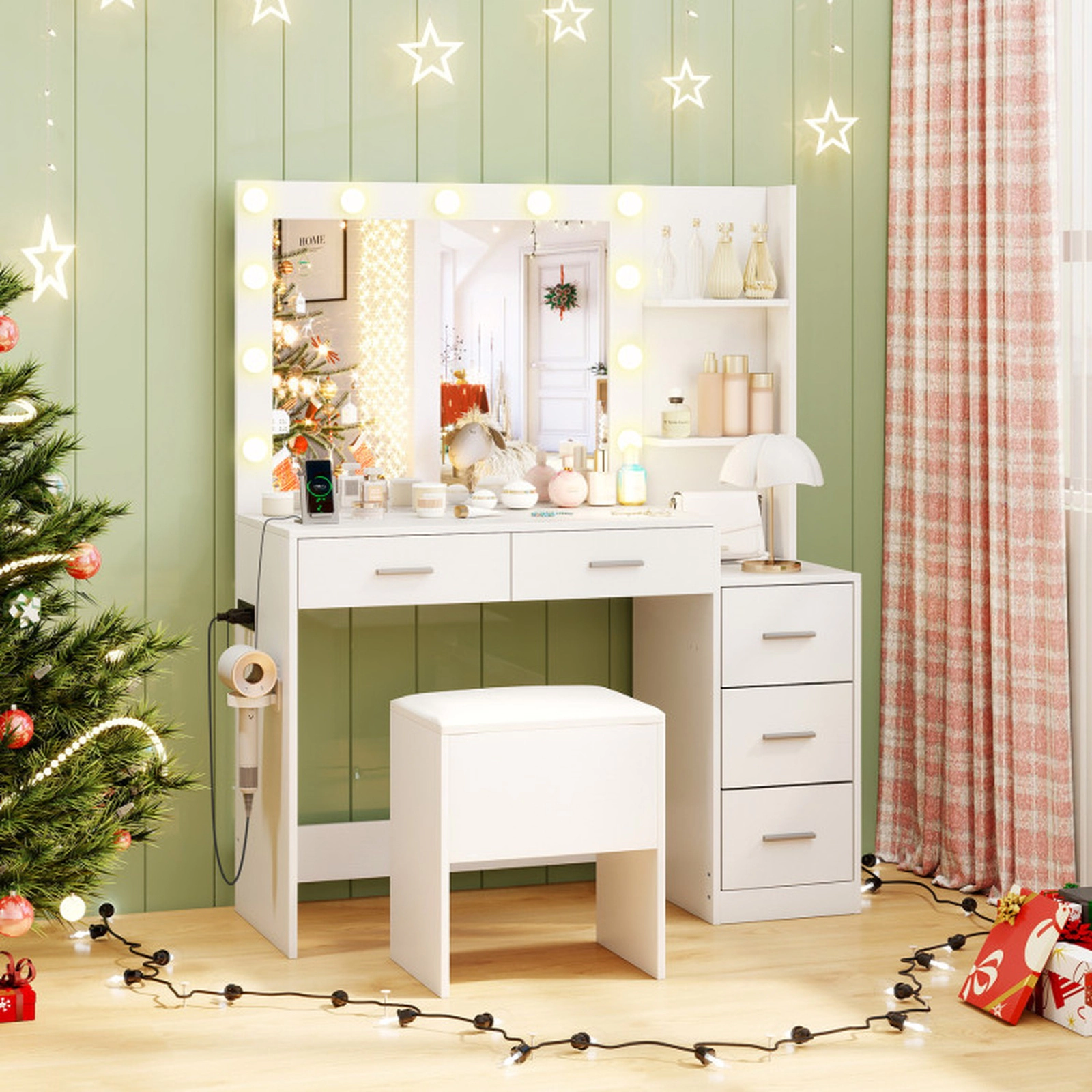 SUGIFT 2-Piece White Makeup Vanity Desk Set with Lighted Mirror, Charging Station, 5 Drawers
