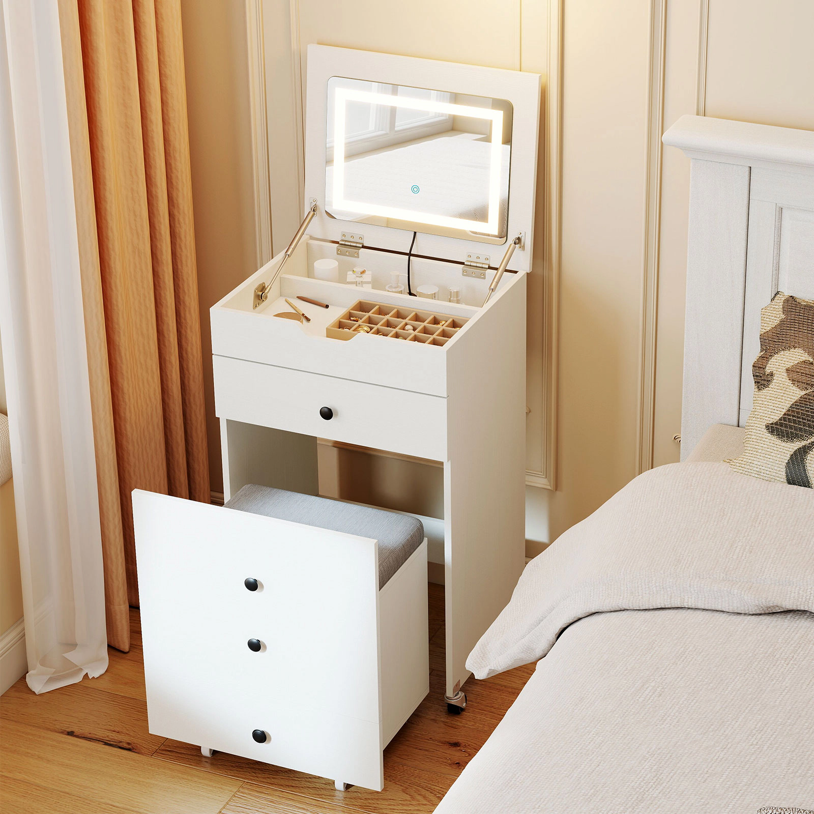 SUGIFT 3-in-1 Vanity Desk Set Flip-Top Lighted Mirror Drawers & Stool 44-lb Tabletop 220-lb Stool 20-in Wide Desk White