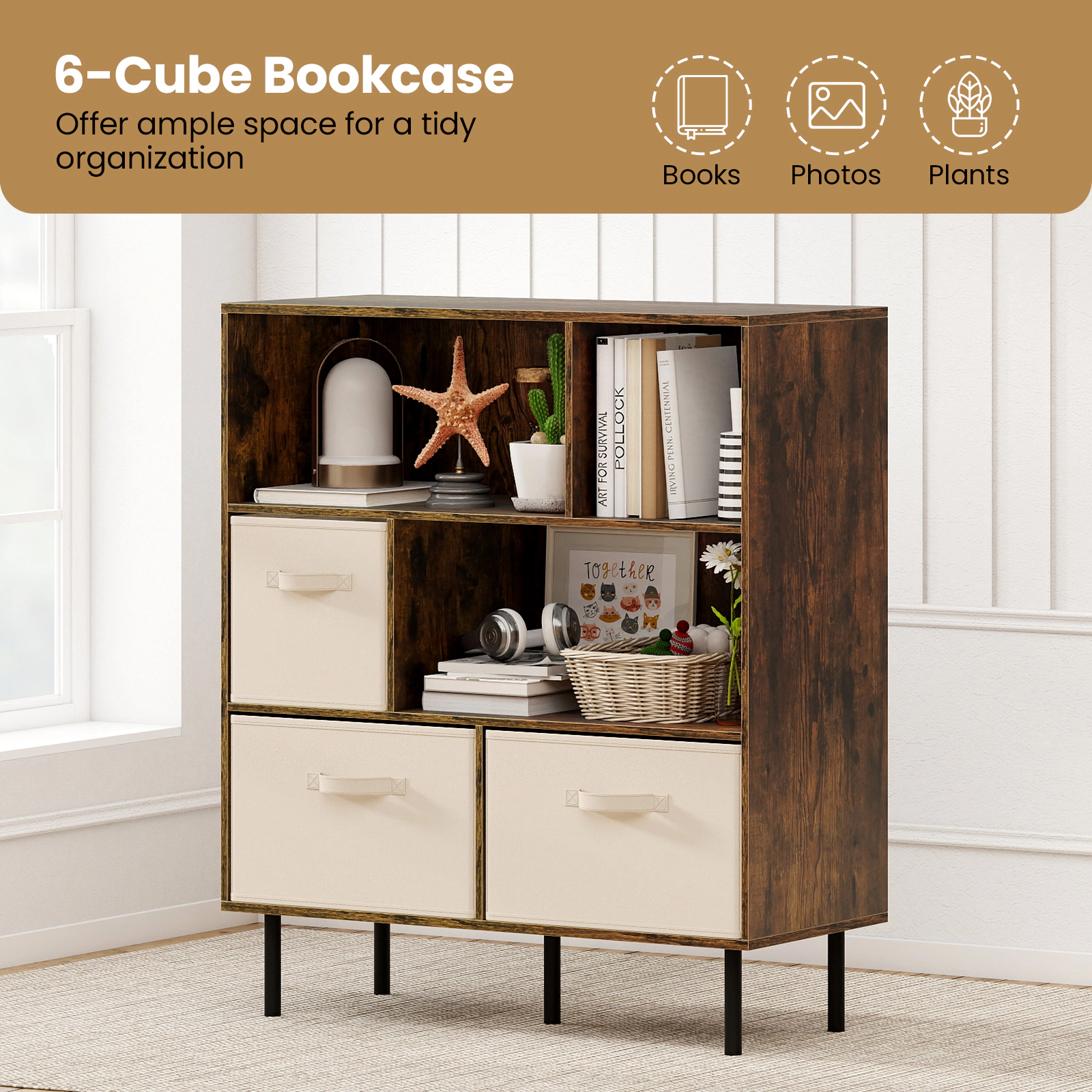 SUGIFT 6-Cube Bookshelf with 3 Removable Folding Fabric Drawers 330-lb Capacity Rustic Brown
