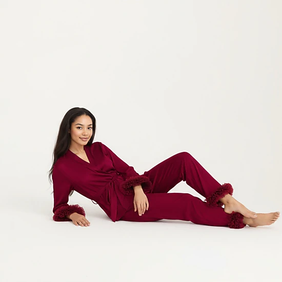 Anna-Kaci Women's 2-Piece Satin Wrap Long Sleeve Feather Trim Top and Straight Leg Pants