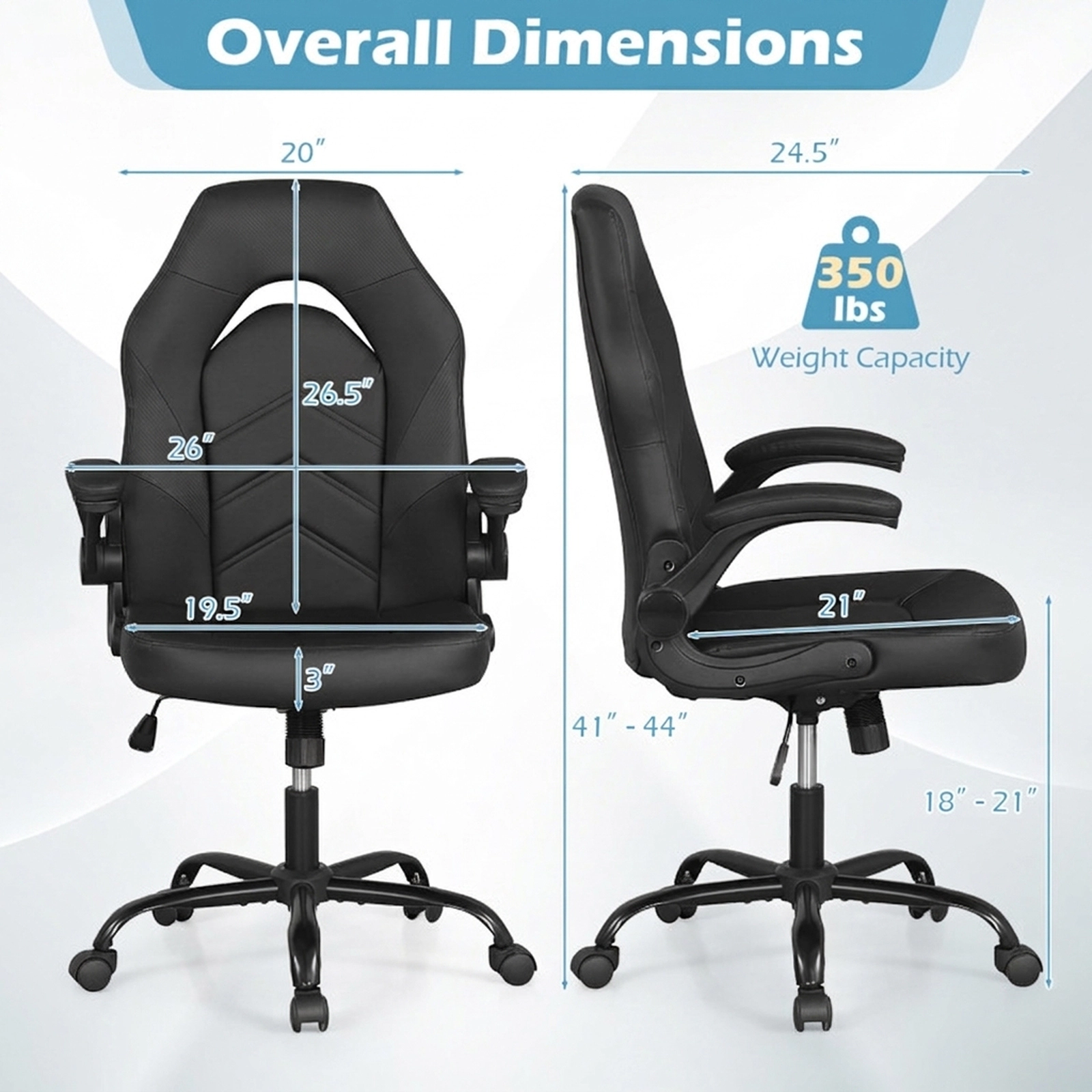 SUGIFT 300-lb Capacity Black PU Leather Ergonomic Swivel Computer Desk Chair with Flip-up Armrests