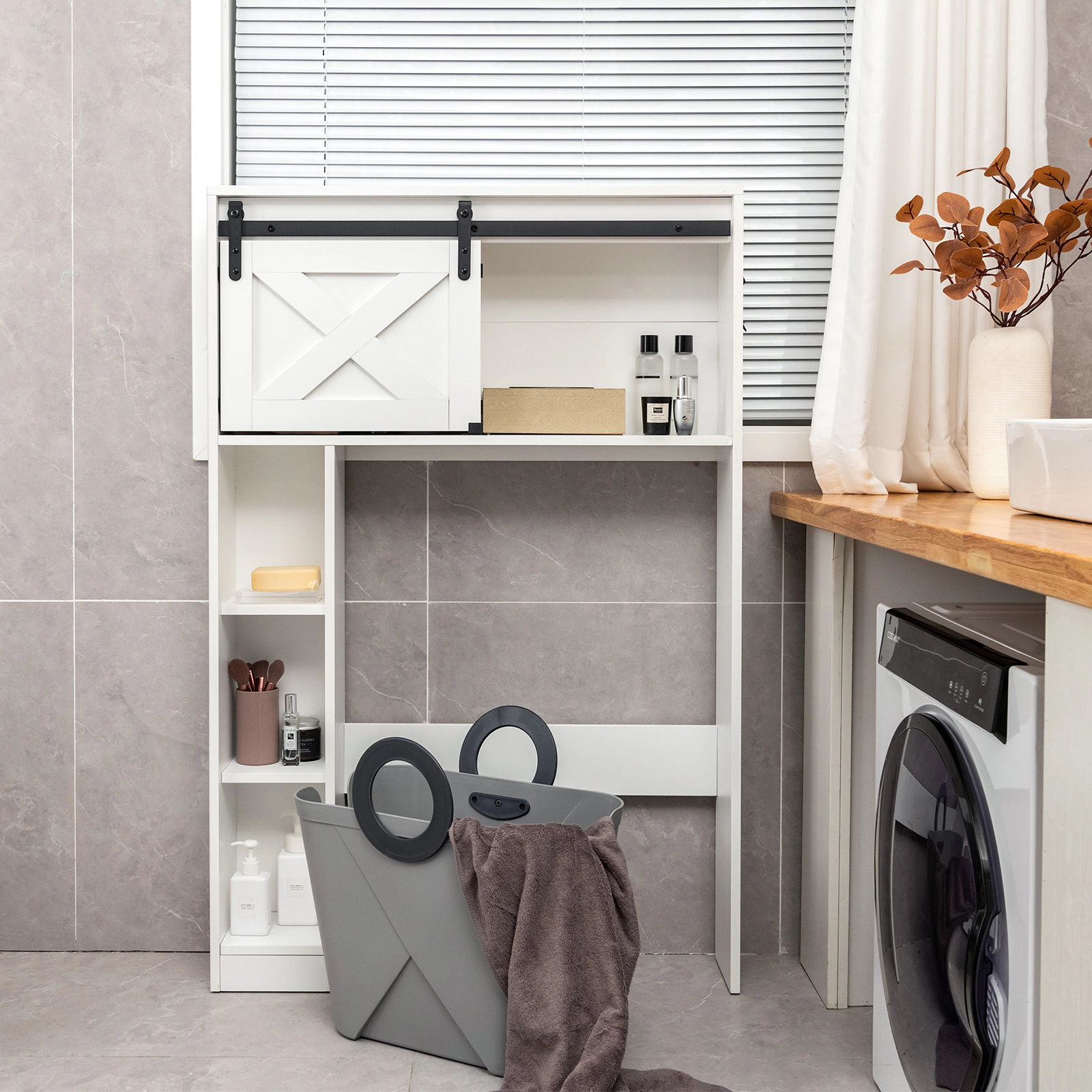 SUGIFT 4-Tier Over The Toilet Storage Cabinet Sliding Barn Door & Storage Shelves 154-lb Top Capacity White/Rustic Brown