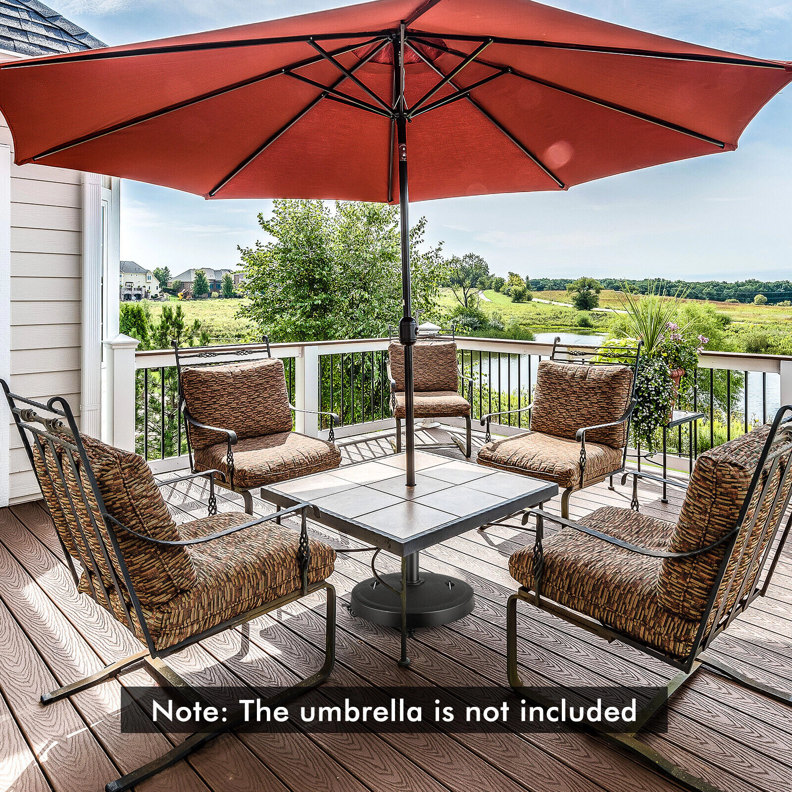 Slickblue Rolling Outdoor Umbrella Stand Base 51 lb Resin Metal 4 Lock Wheels Patio Deck