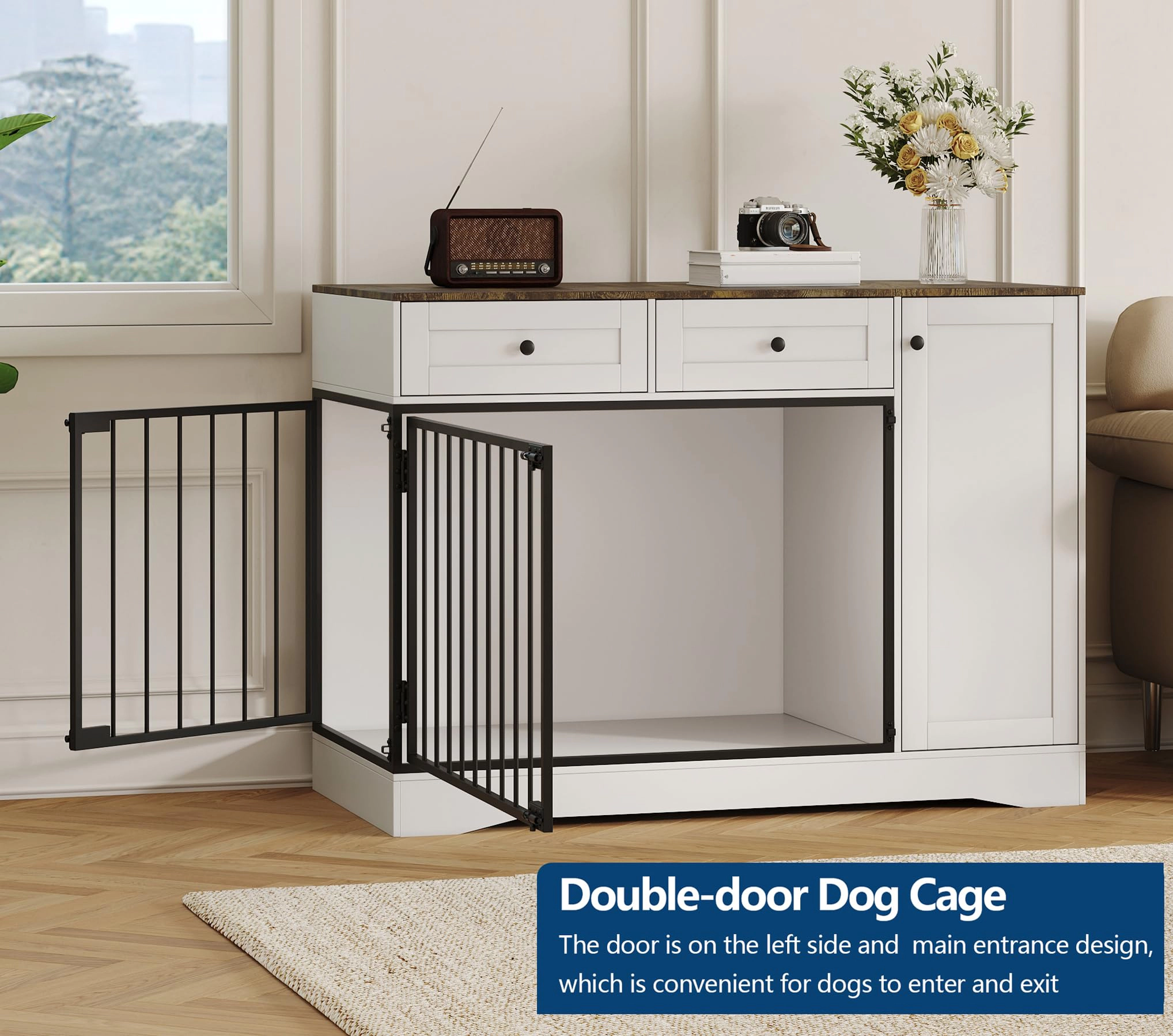 47" Farmhouse Dog Crate Furniture End Table with Double Doors, 2 Drawers & Cabinet, Chew-Resistant Kennel for Small Dogs