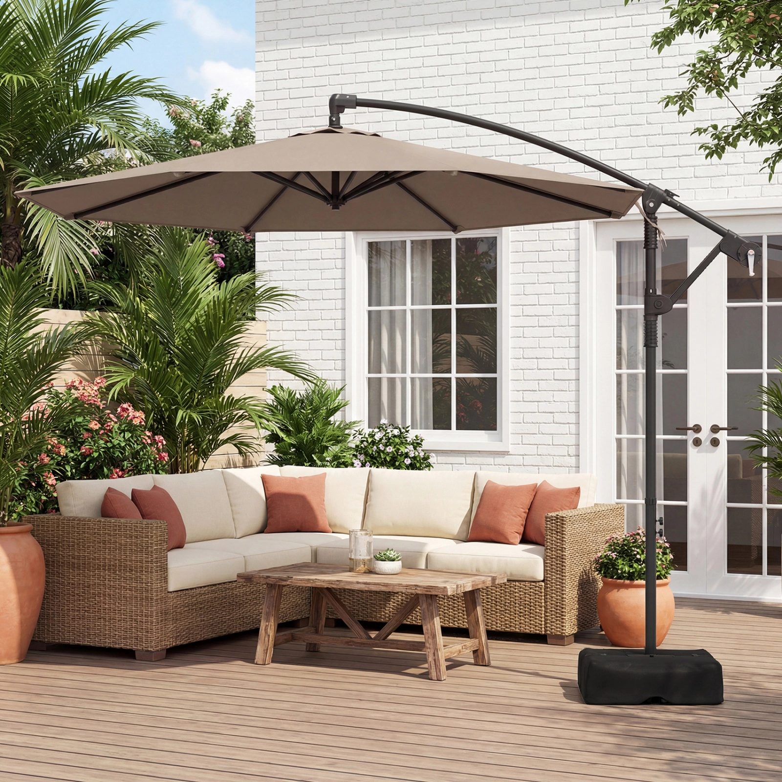 SUGIFT 10-ft Taupe Offset Cantilever Patio Umbrella with Base 220-lb Sandbags and Infinite Tilt for Deck