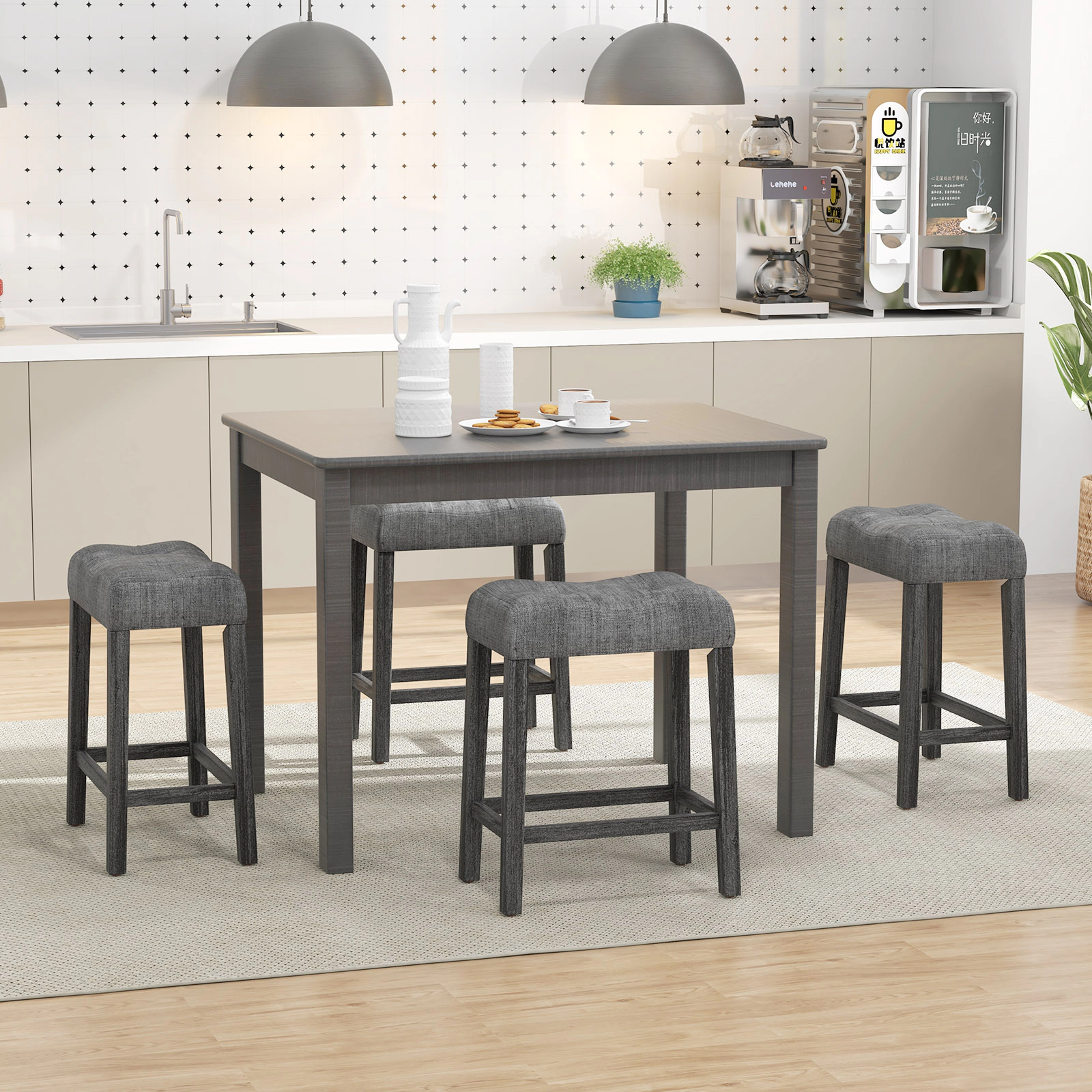 Glintex 2-Piece 24-Inch Backless Saddle Counter Stool Set with Tufted Linen Seat, Gray