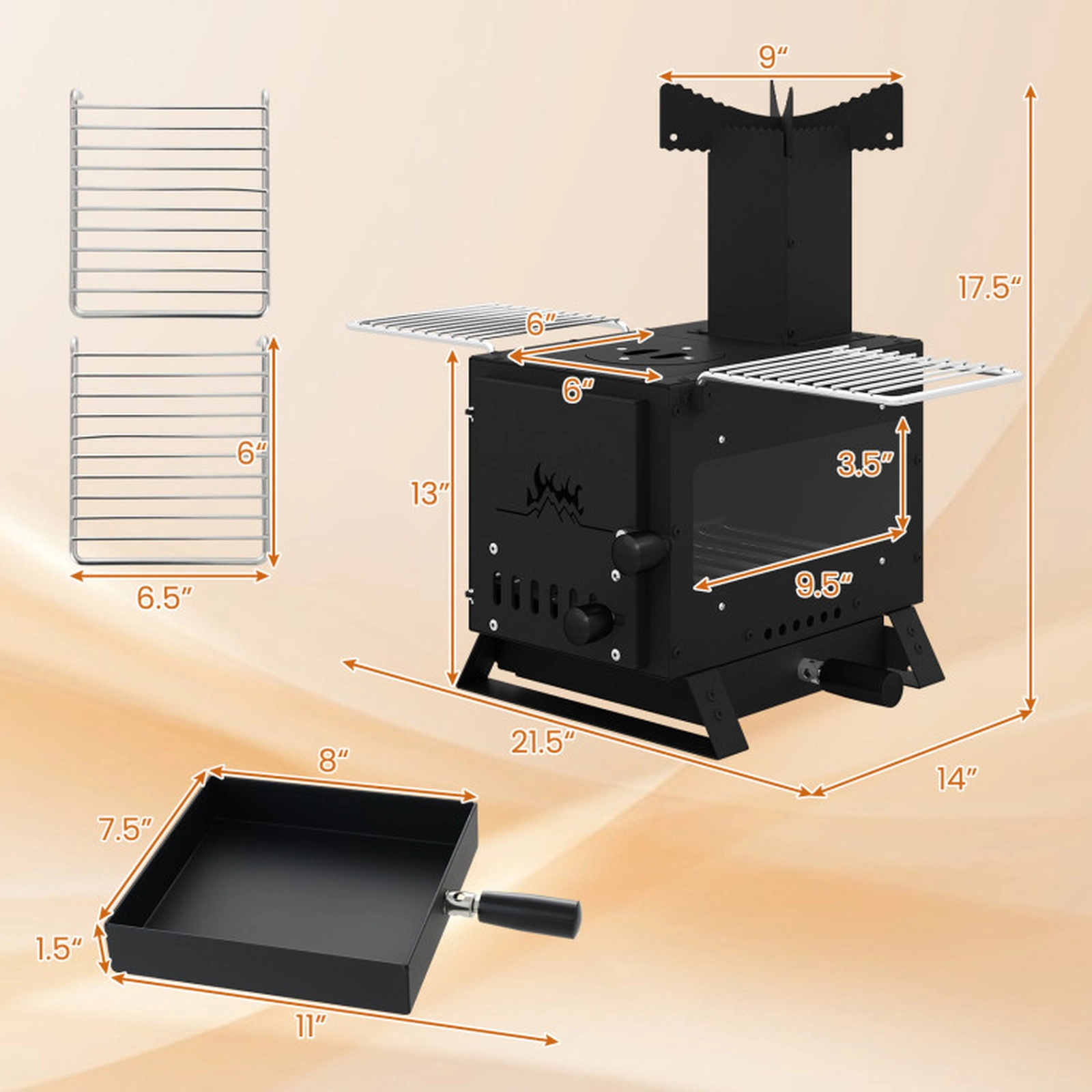 SUGIFT Portable Wood Burning Stove Mini Heater Burner with Pot Rack and Oven Pan 21.5-in Wide Black