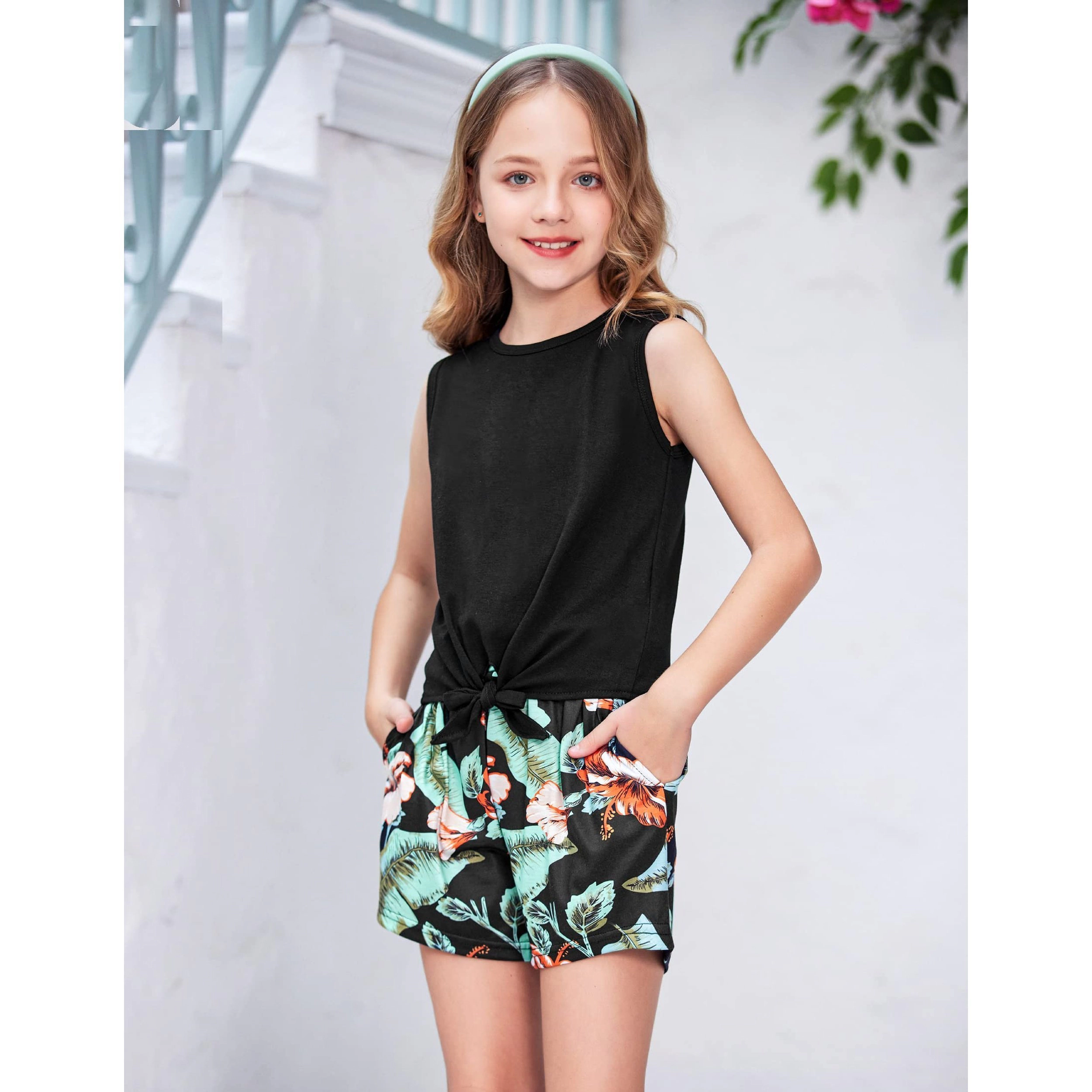 Arshiner Girls Summer Clothes Piece Sets Sleeveless Shirts And Shorts Set Kids Clothing Pockets