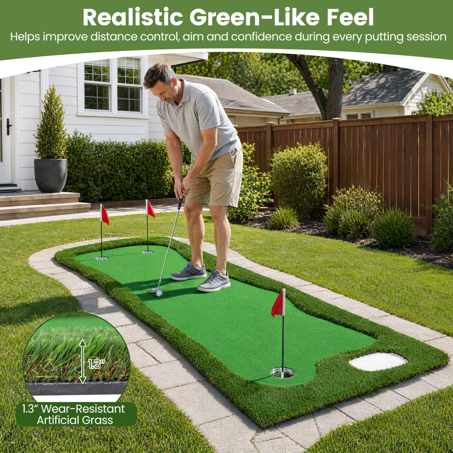 LJG 10 x 3.5ft Golf Putting Green with 3 Hole Cups and 3 Flags for Home Backyard Garage Office