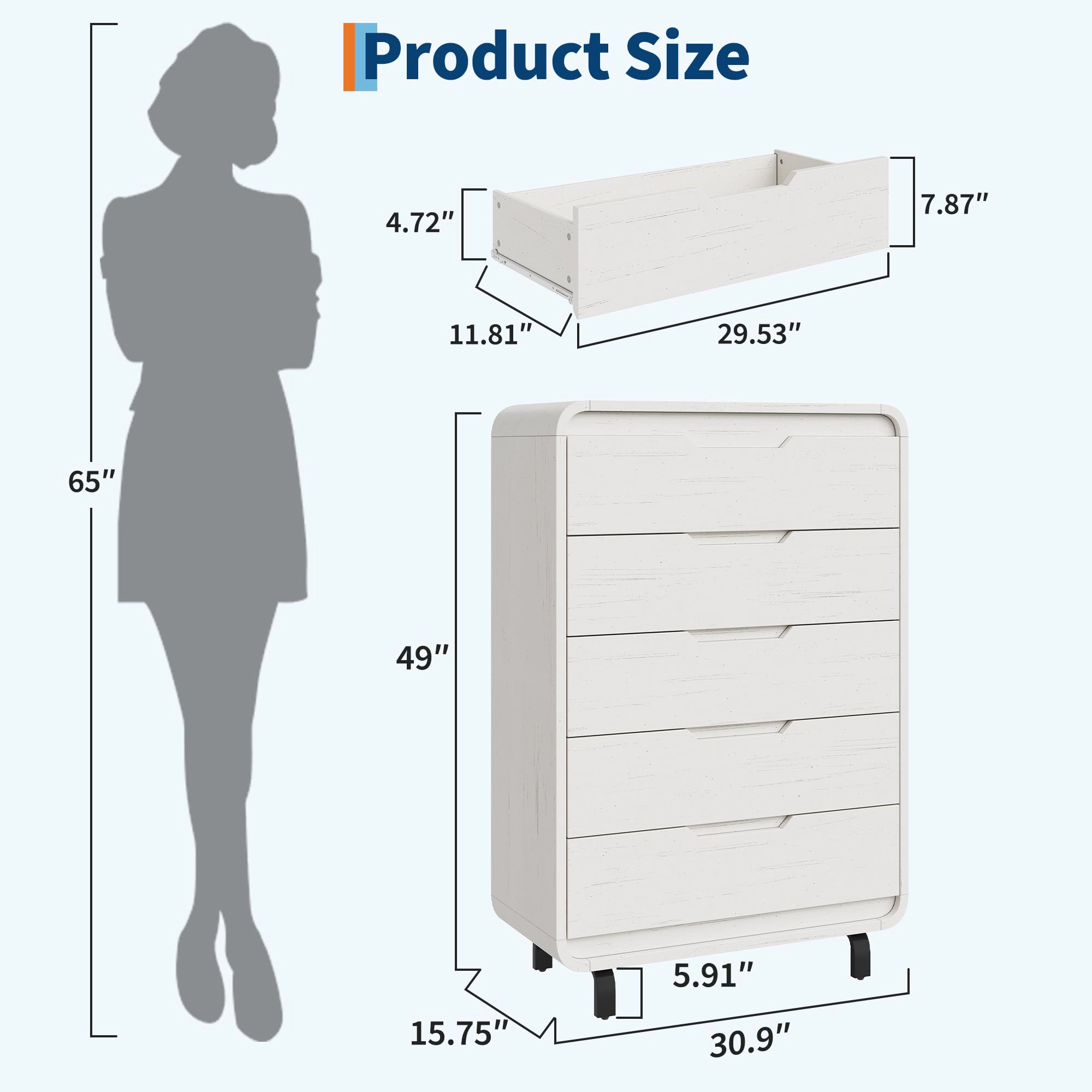 48" Tall 5 Drawer Wood Dresser with Handleless & Detachable Legs, Modern Storage Chest