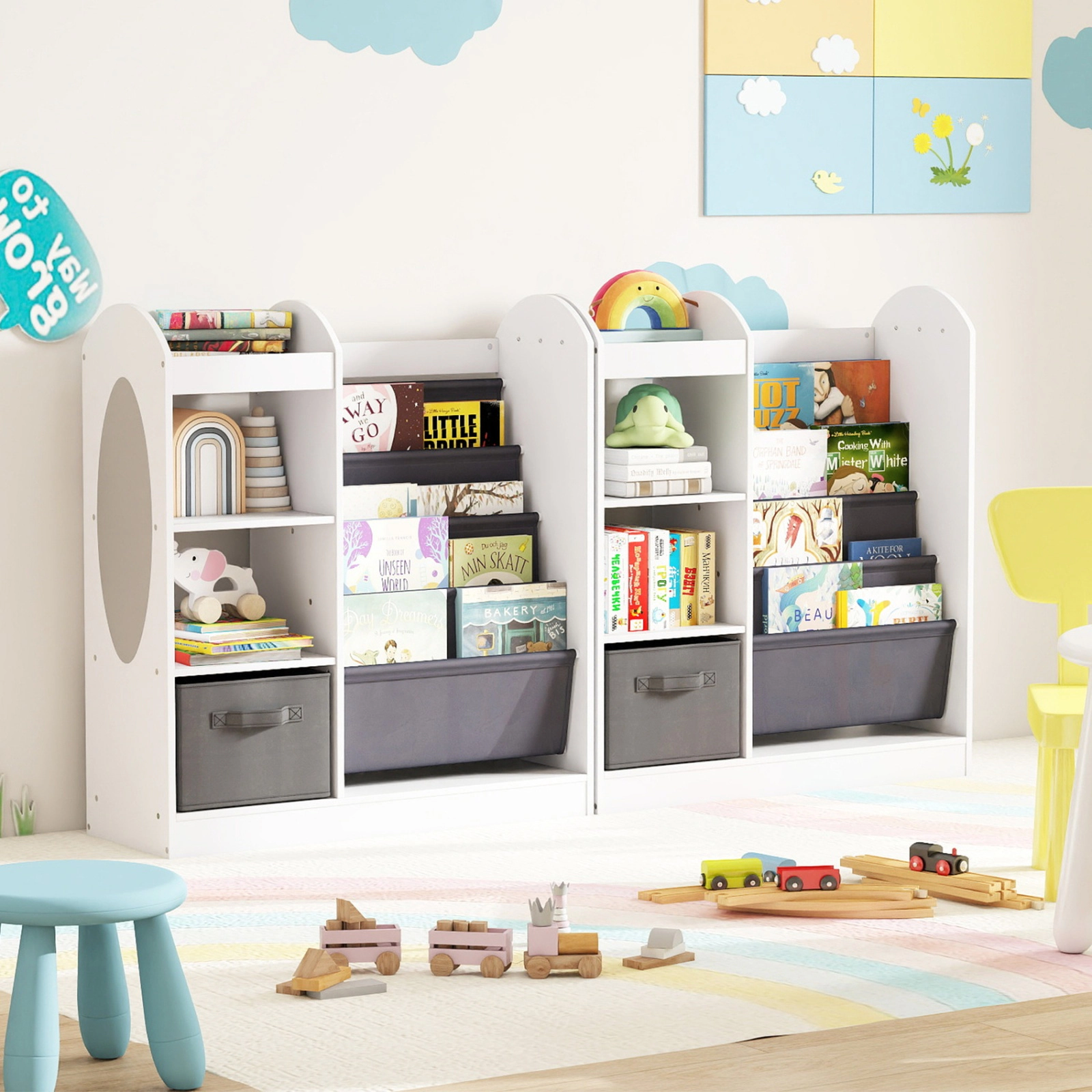 SUGIFT White 22-lb Shelf 4-Tier Sling Kids Bookshelf Toy Storage Organizer with Mirror and Fabric Drawer