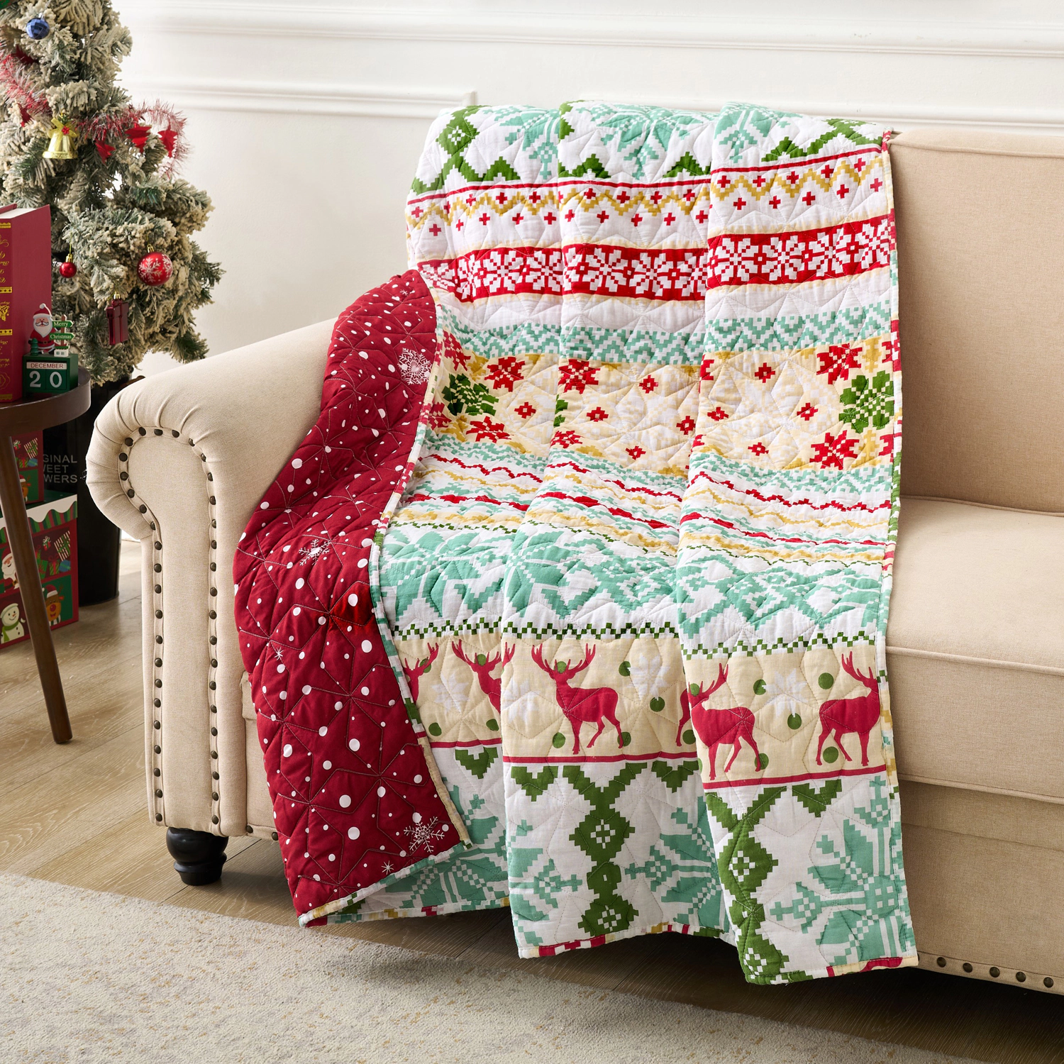 Greenland Home Fashion 100% Cotton Face Microfiber Back Polyester Fill Fair Isle Accessory Throw Snow