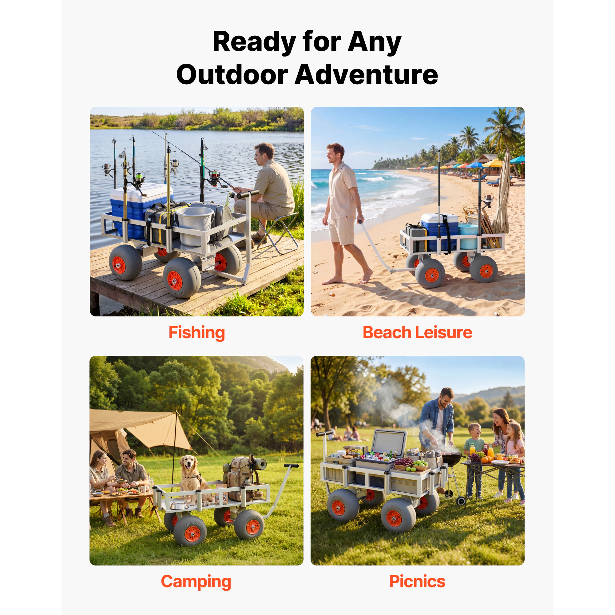 HONGGE Aluminum Beach Fishing Cart, 350 lb Capacity, 13-Inch All-Terrain Tires, 6 Rod Holders for Camping Picnic