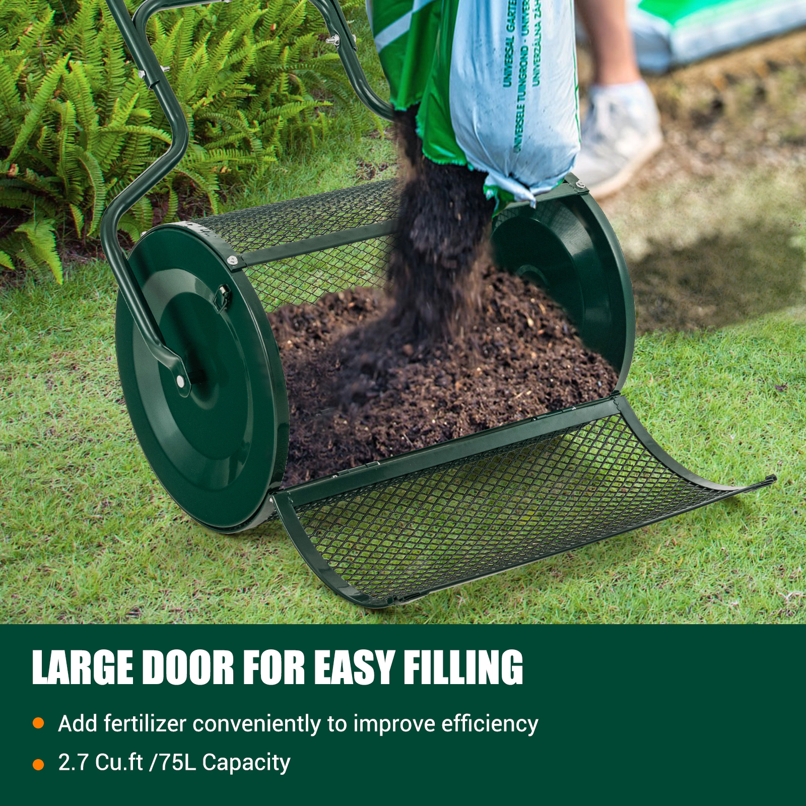 SUGIFT Green 24-in Peat Moss Spreader Roller with 2.7-cu ft Mesh Drum U-Shaped Handle and Side Latches