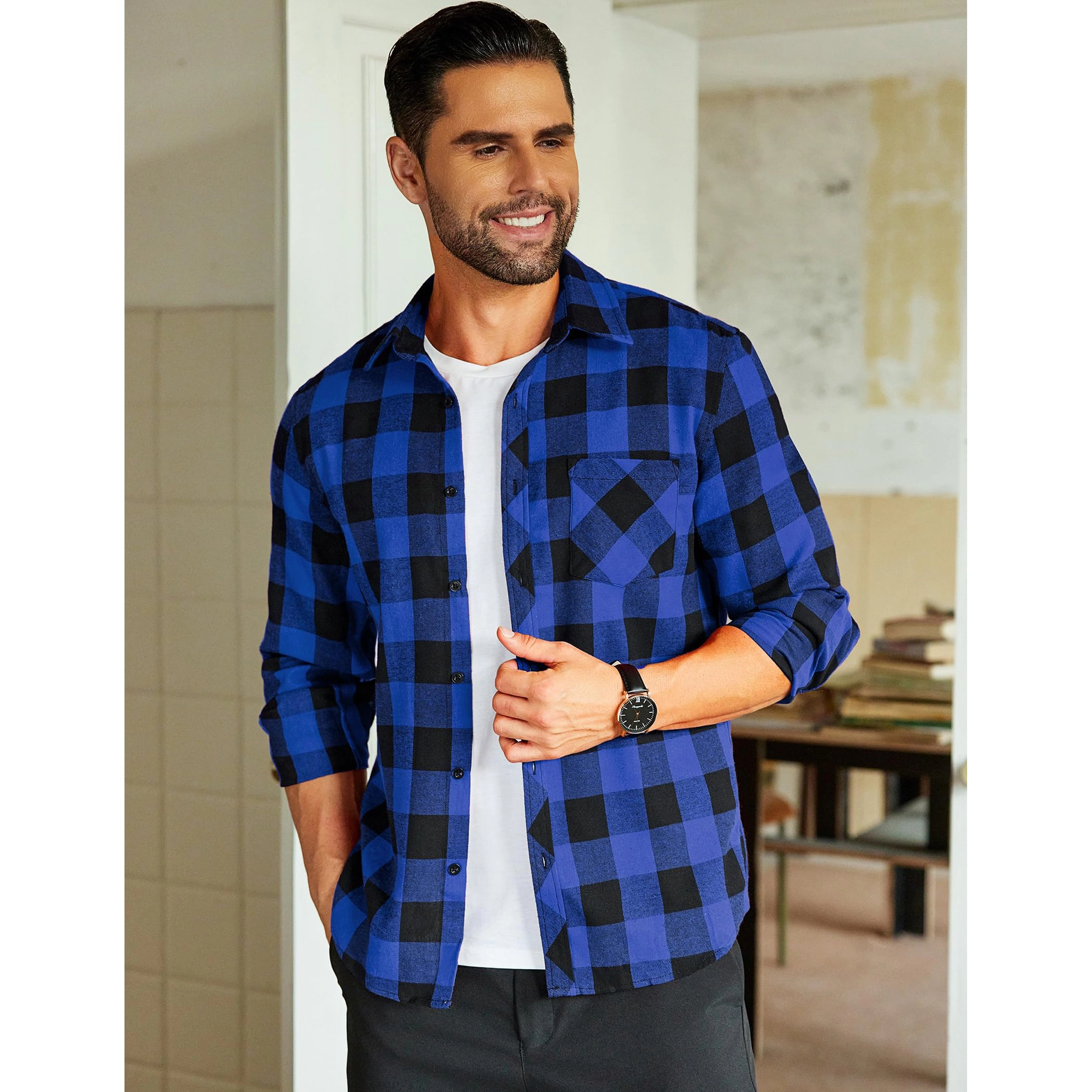 COOFANDY Men's Regular Fit Long Sleeve Collar Neck Flannel Shirt