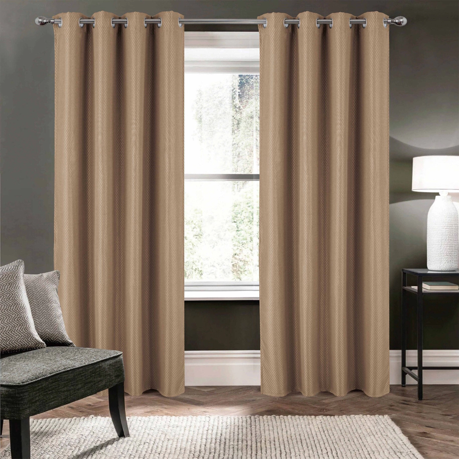 Olivia Gray 100% Polyester 250 GSM Basket Weave Ian Luxury Jacquard Blackout Grommet Curtain Panel 54" x 84" Taupe