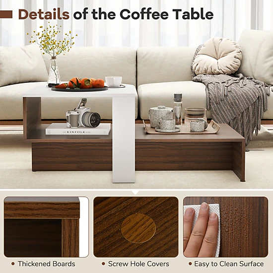 SlickBlue Modern Geometric Coffee Table, 2-Tier Storage Shelf, Wood Grain Center Table for Living Room