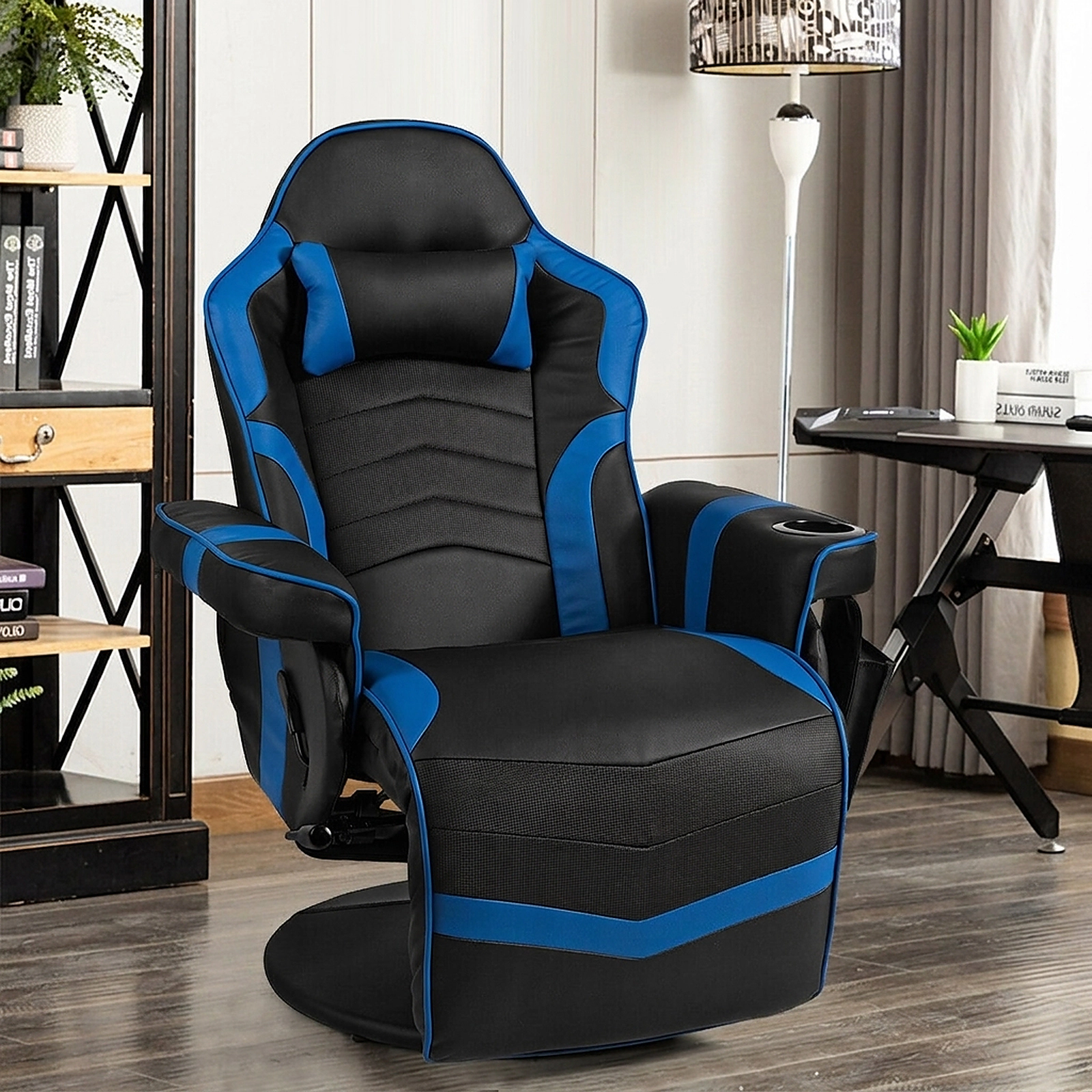 SUGIFT Blue Gaming Recliner Chair, 8-Mode Massage, Adjustable Footrest, Cup Holder