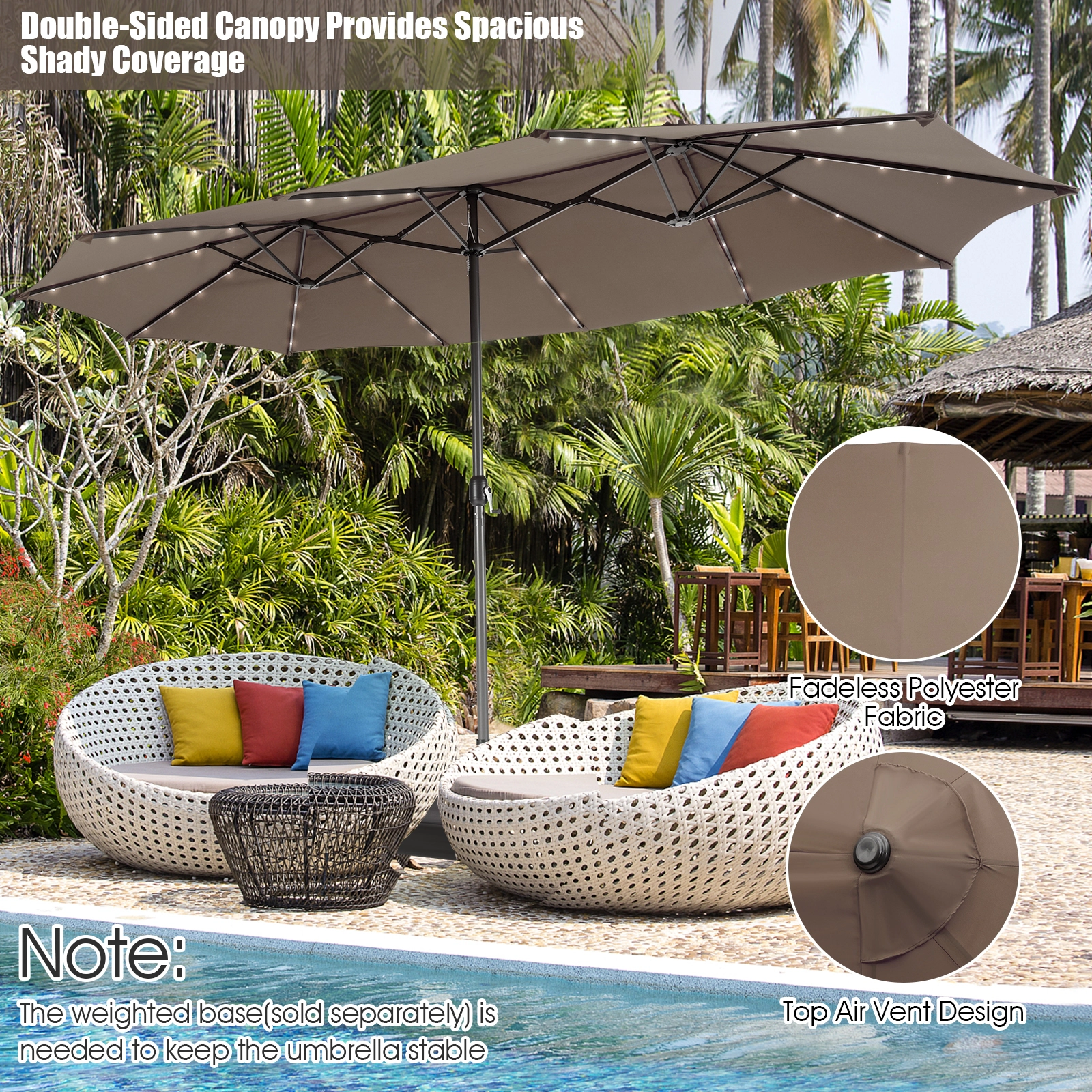 SUGIFT Light Brown 15 ft Twin Patio Umbrella with 48 Solar LED Lights and Steel Pole