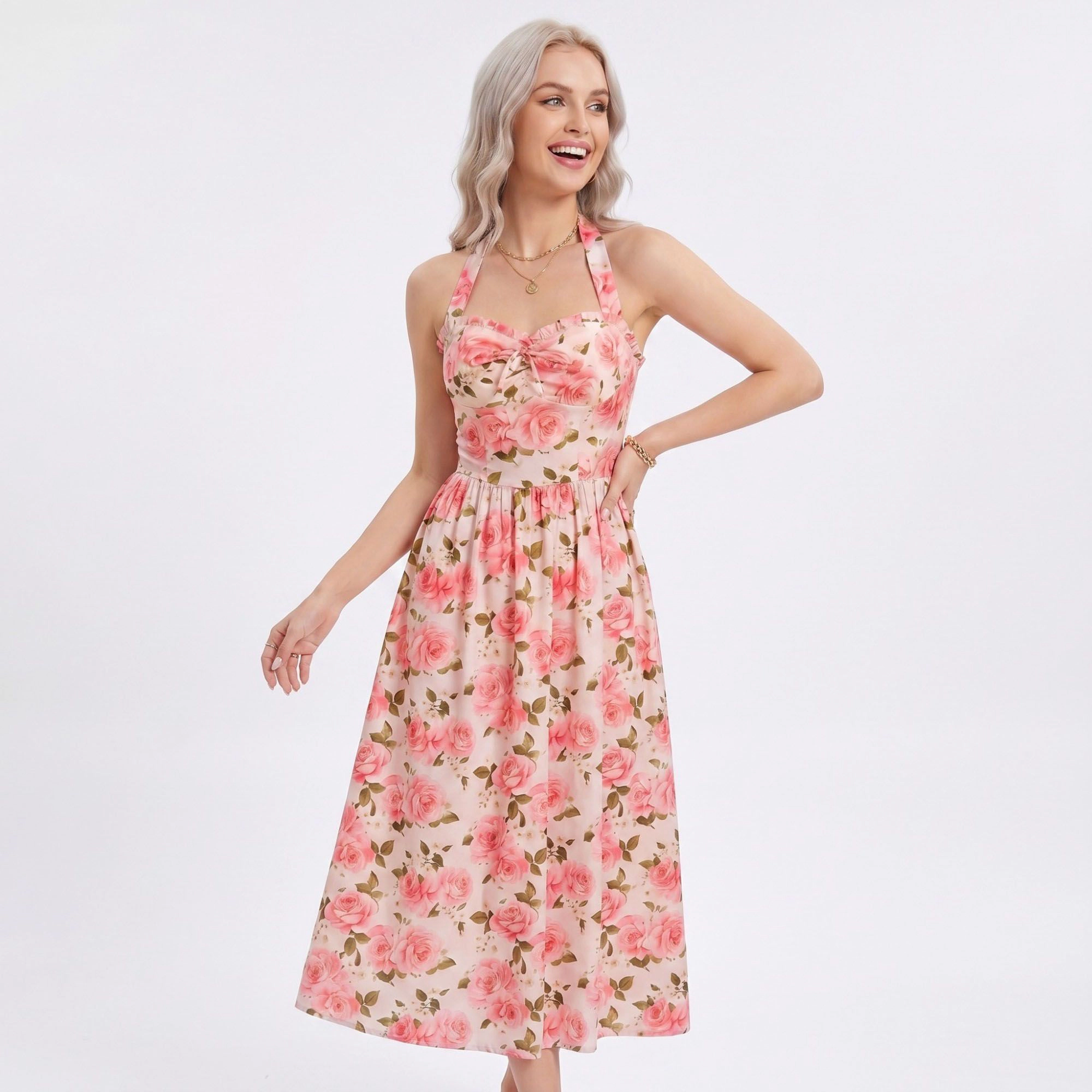 Anna-Kaci Women's Floral Print Halter Smocked Back Midi Dress