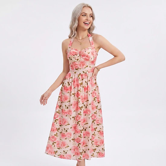 Anna-Kaci Women's Floral Print Halter Smocked Back Midi Dress