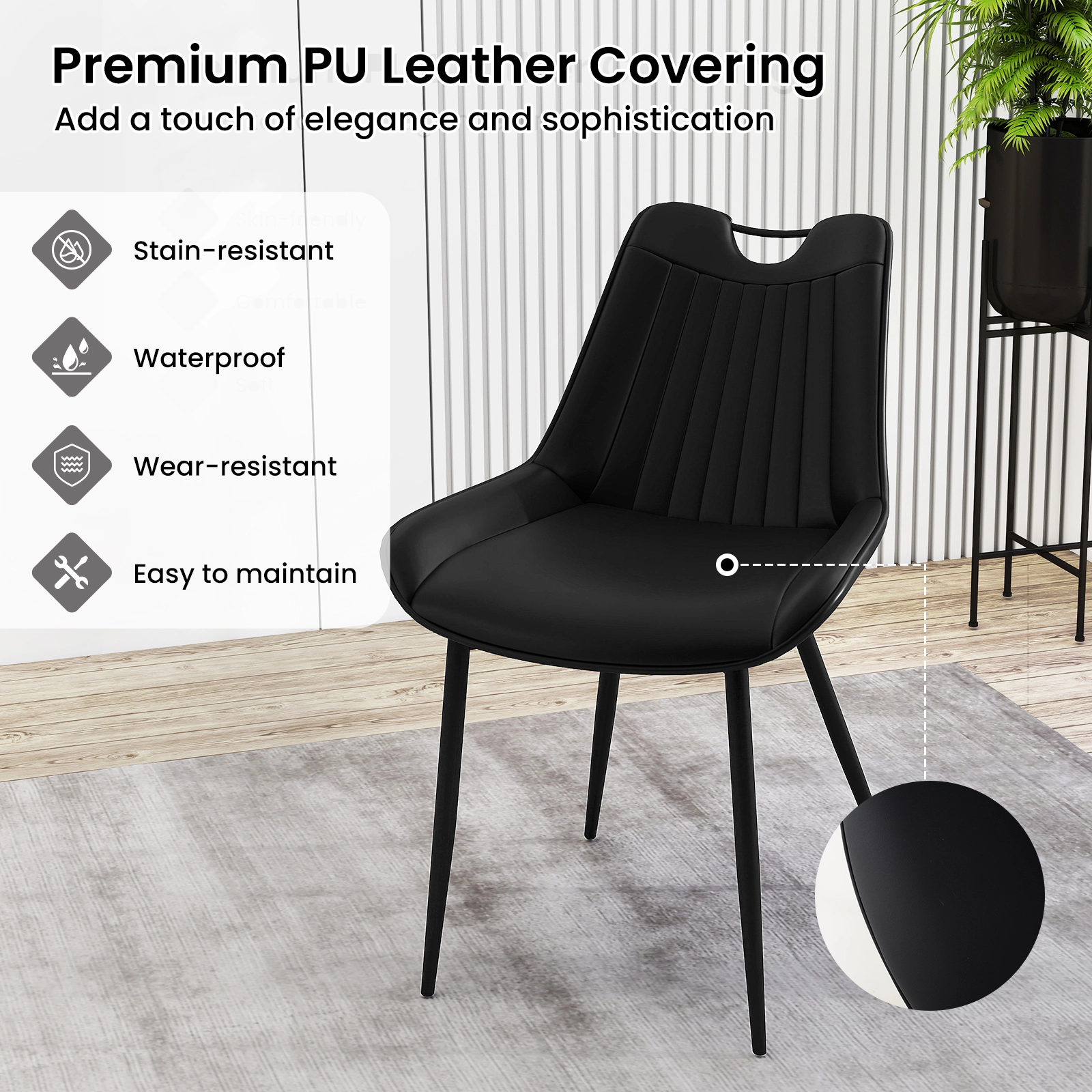 SUGIFT Set of 4 Black Faux Leather Dining Chairs with Metal Legs