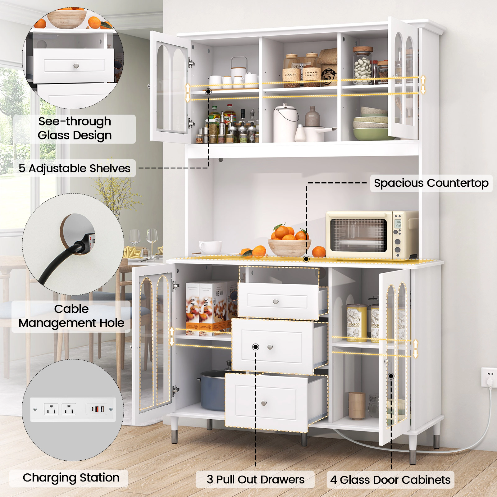 Glintex 73-Inch Pantry Cabinet with LED Lighting and Charging Station, White
