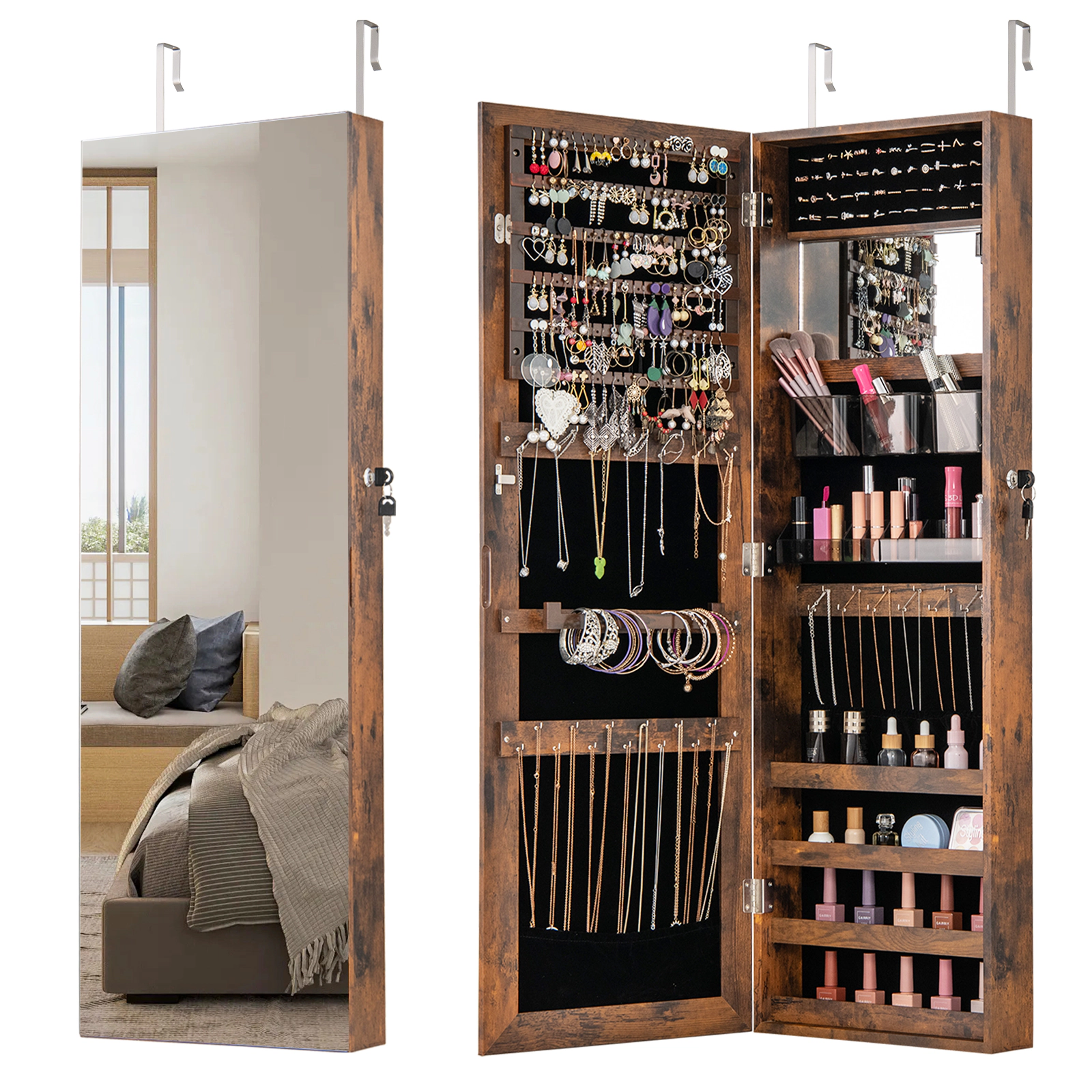 SUGIFT 43.5-in Rustic Brown Jewelry Storage Cabinet with Full-Length Mirror and Lockable Necklace Organizer