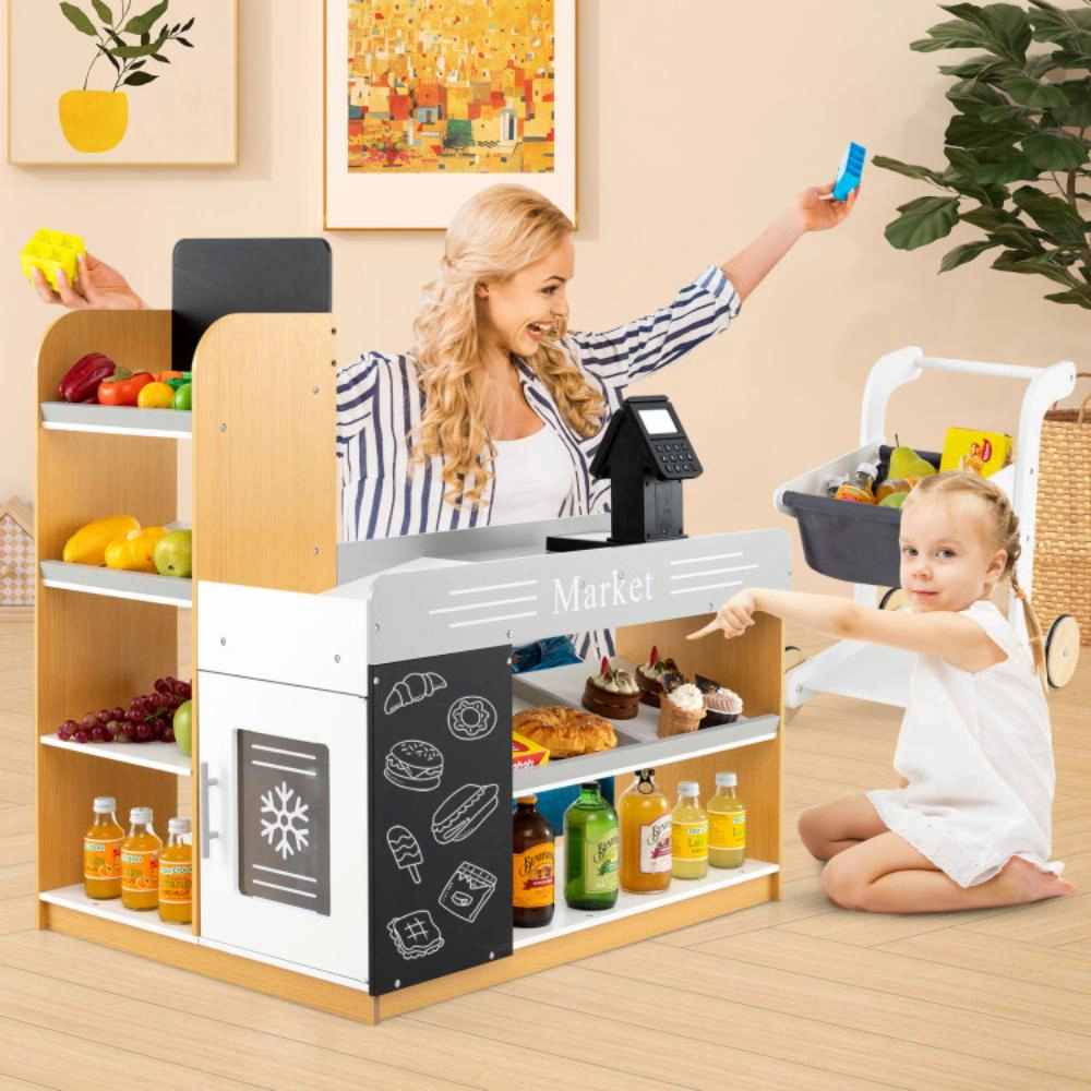 Hivvago Pretend Play Grocery Store Set with Shopping Cart and 2 Chalkboards-White