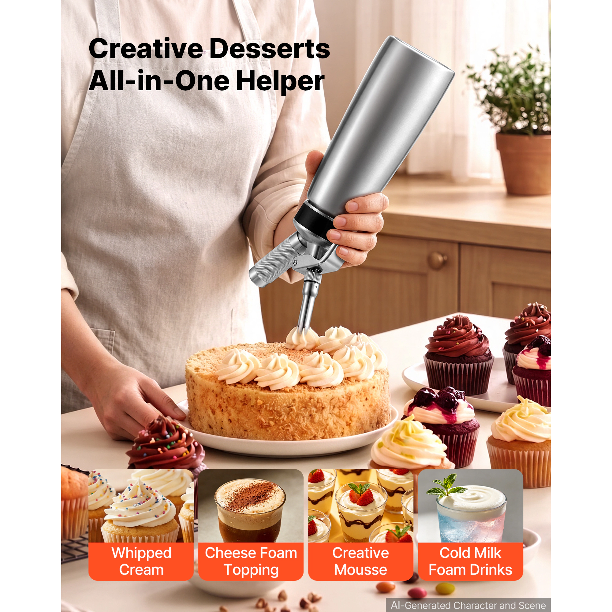 HONGGE Professional 304 Stainless Steel Whipped Cream Dispenser, Leak-Free Whipped Cream Maker