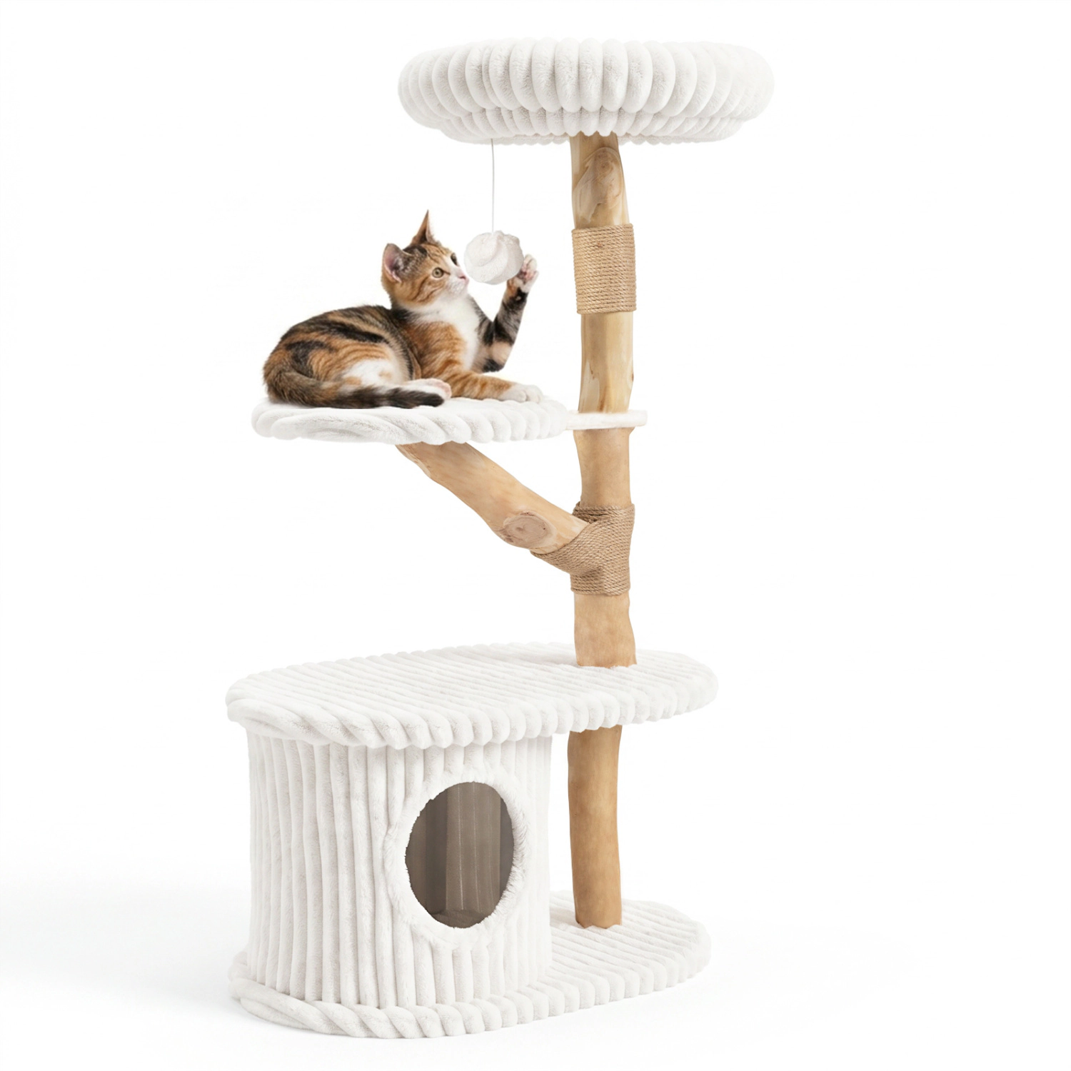LJG 41 Inch Tall Modern Cat Tower with Real Wood Branches Scratching Posts for Indoor