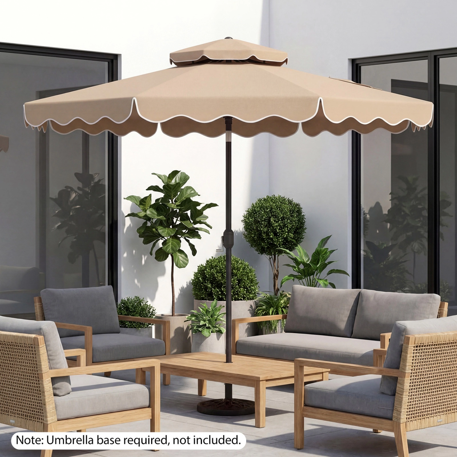 SUGIFT 10-ft Coffee Market Patio Umbrella, Scalloped Double-Vented Canopy, Crank Lift, Push-Button Tilt