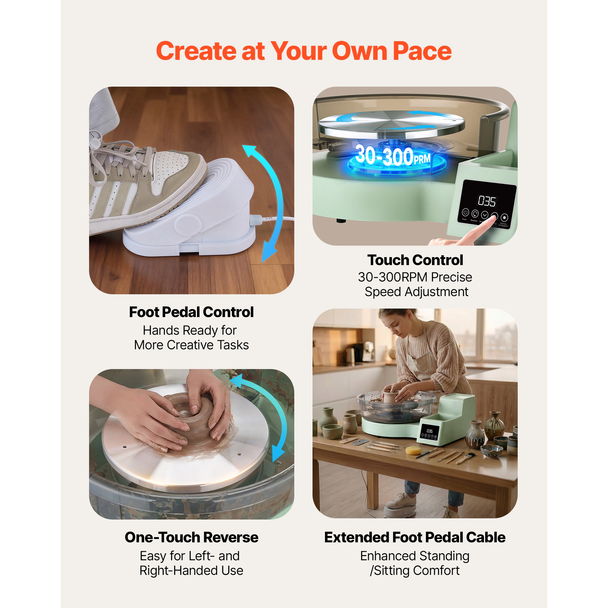 HONGGE Pottery Wheel for Adults 14" and 11" Turntables 450W Electric Table Top with Foot Pedal 30-300 RPM