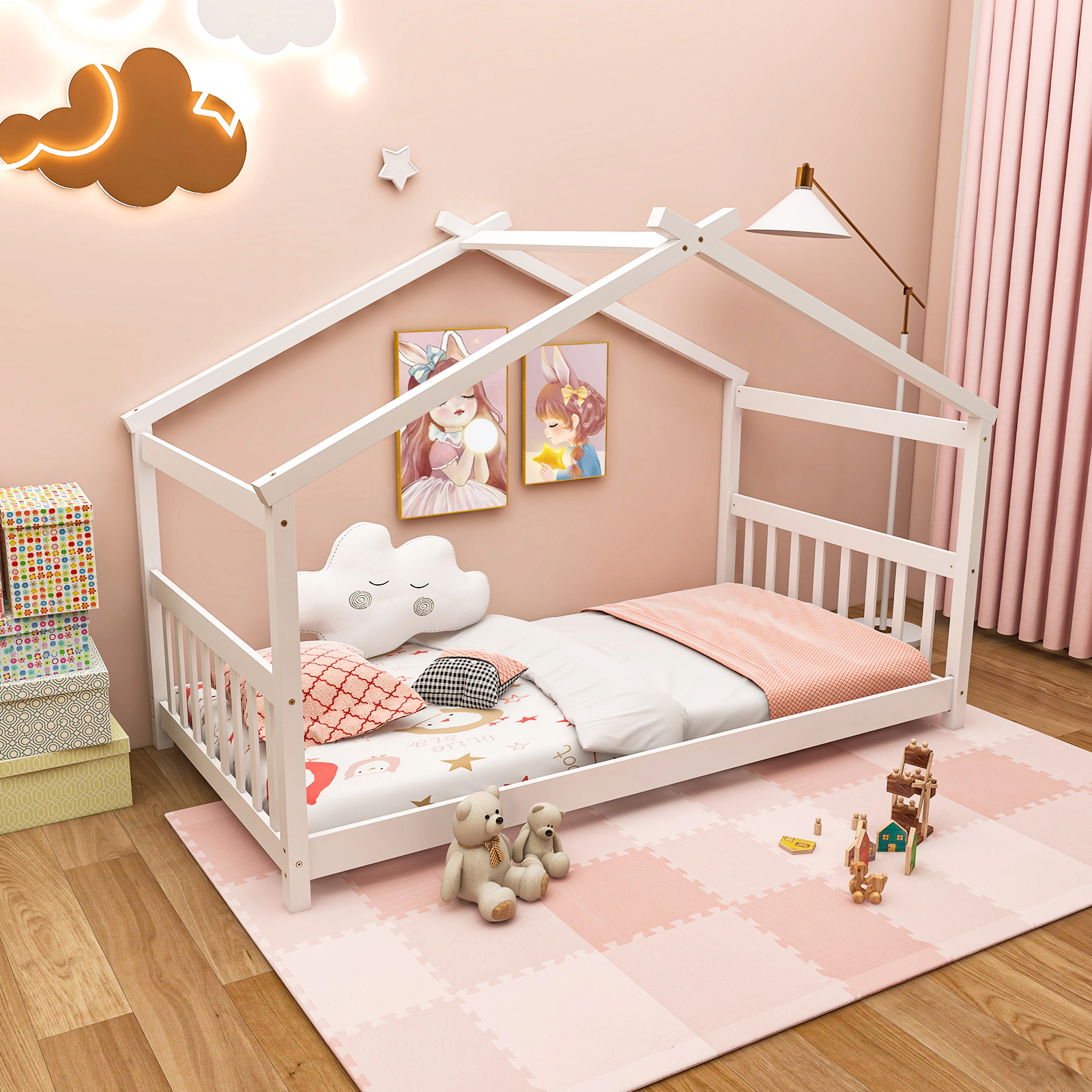 SUGIFT White Roof Frame for Kids Twin Size Wooden House Bed