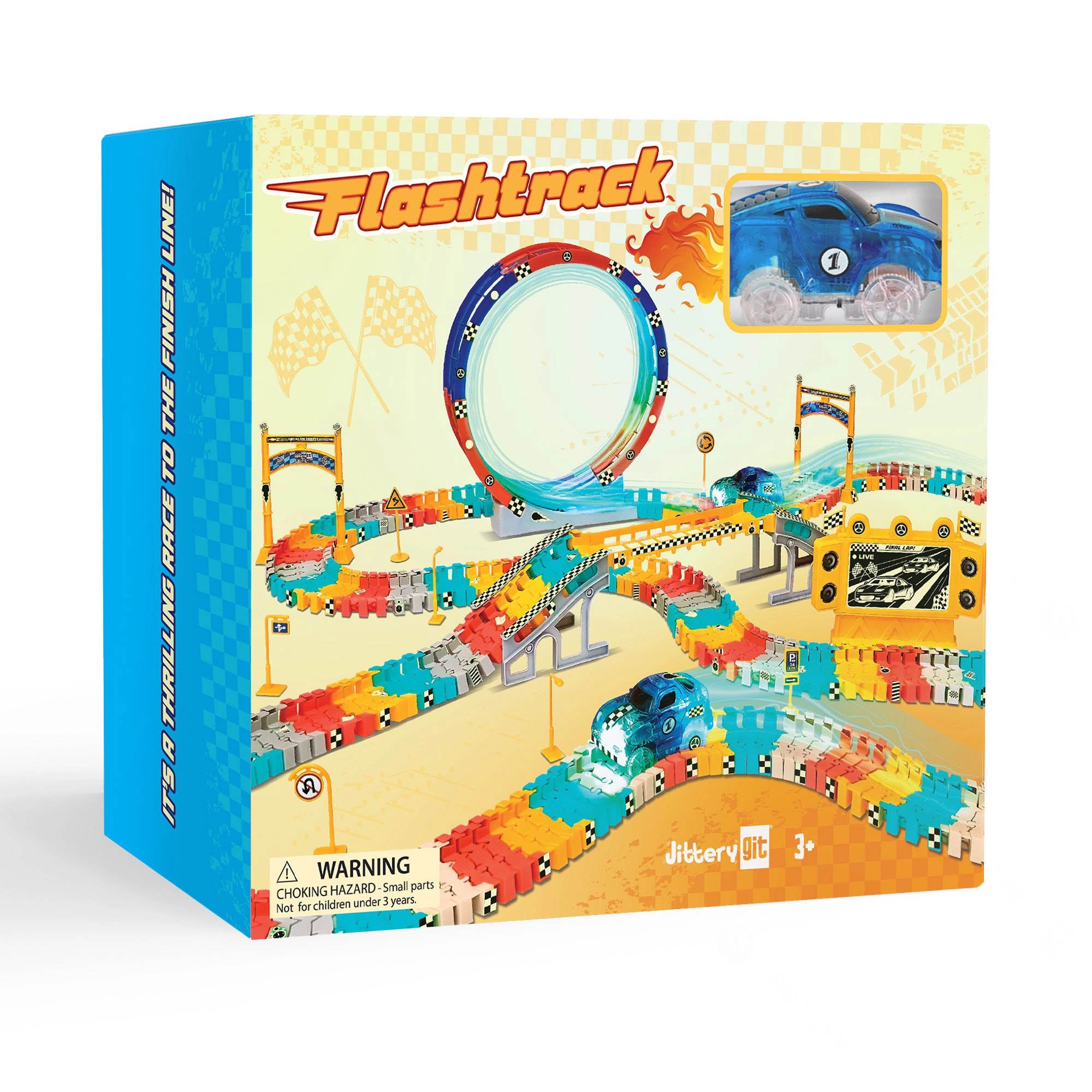 JitteryGit Kids Glow Race Track Set - 182-Piece Track with Loop, Bridge & Glow Stickers
