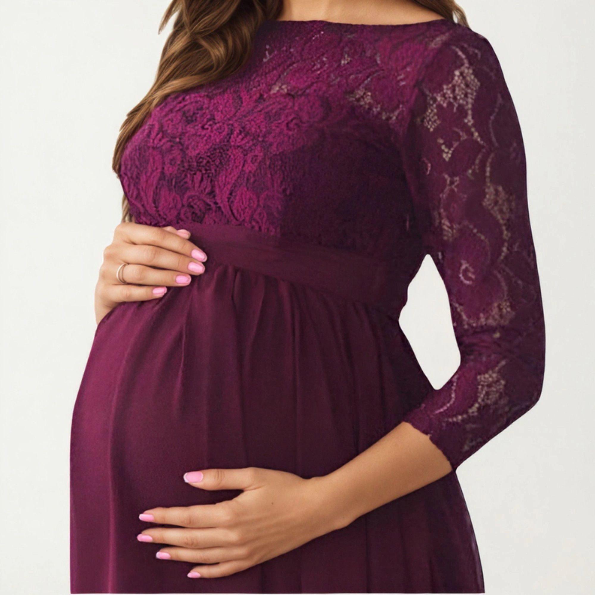 Anna-Kaci Women's Lace Bodice Maternity Sheer Three-Quarter Sleeves Maxi Dress