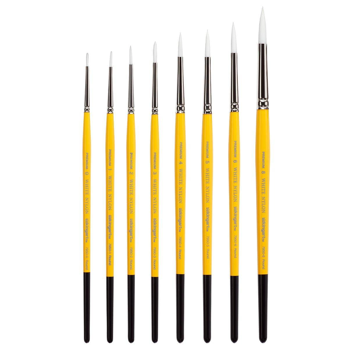 KINGART White Nylon 7950 Round Short Handle Brush Set - 8 pc