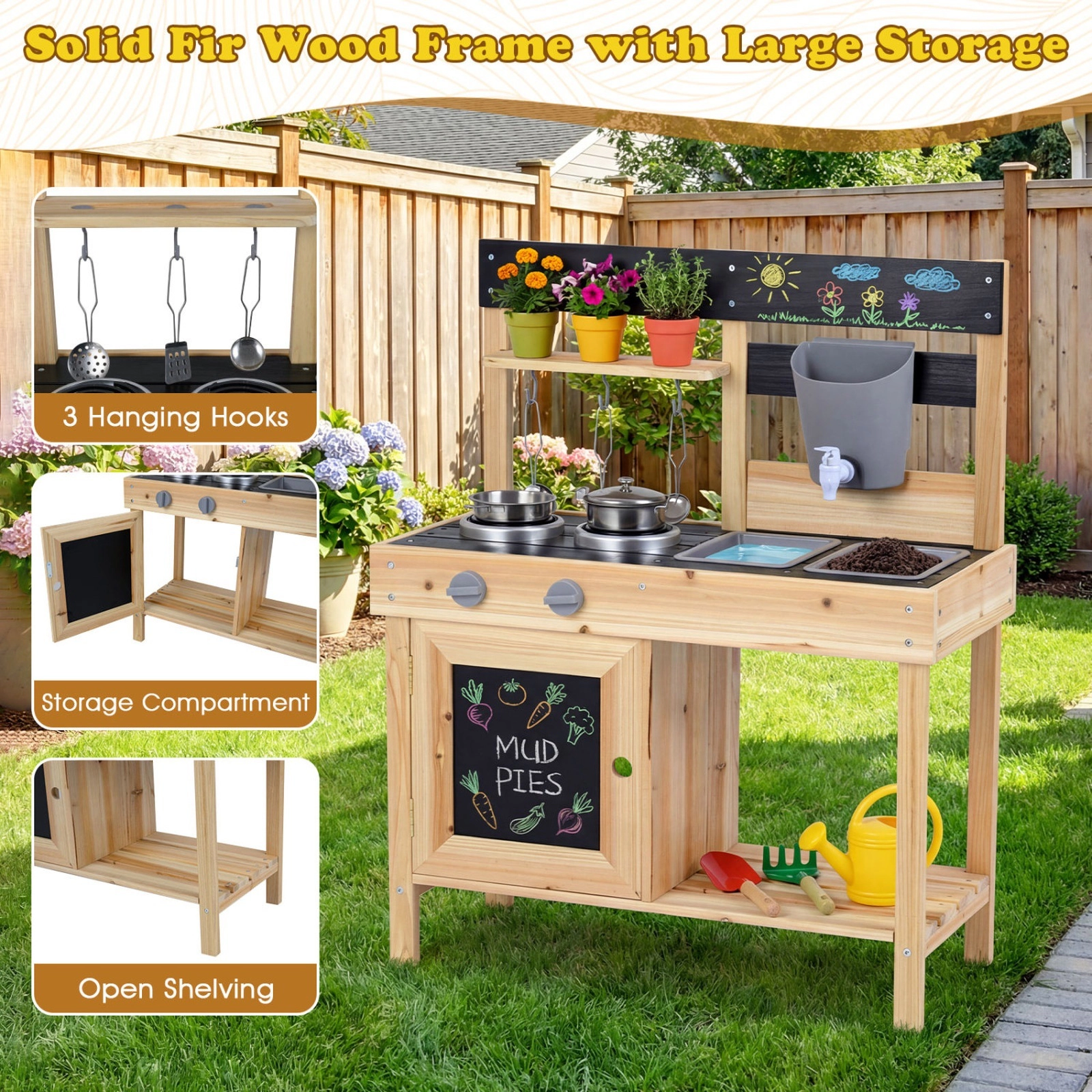 Mud Kitchen for Kids Outdoor 2 Removable Sinks Working Faucet 5 Kitchenware Pieces 26.5-in Fir Wood Ages 3+ Natural