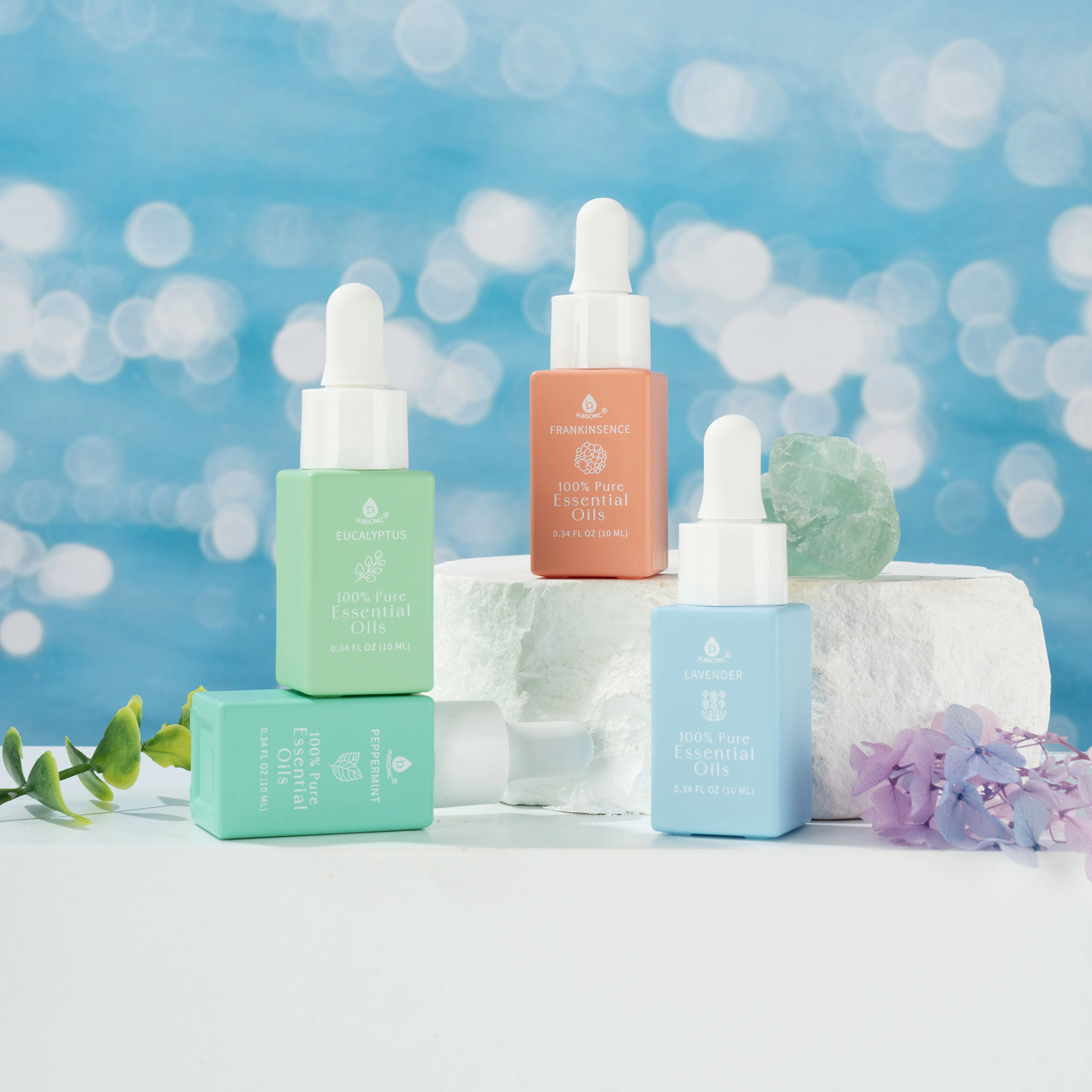 Pursonic 100% Pure Natural Essential Oils: Eucalyptus, Frankincense, Lavender & Peppermint