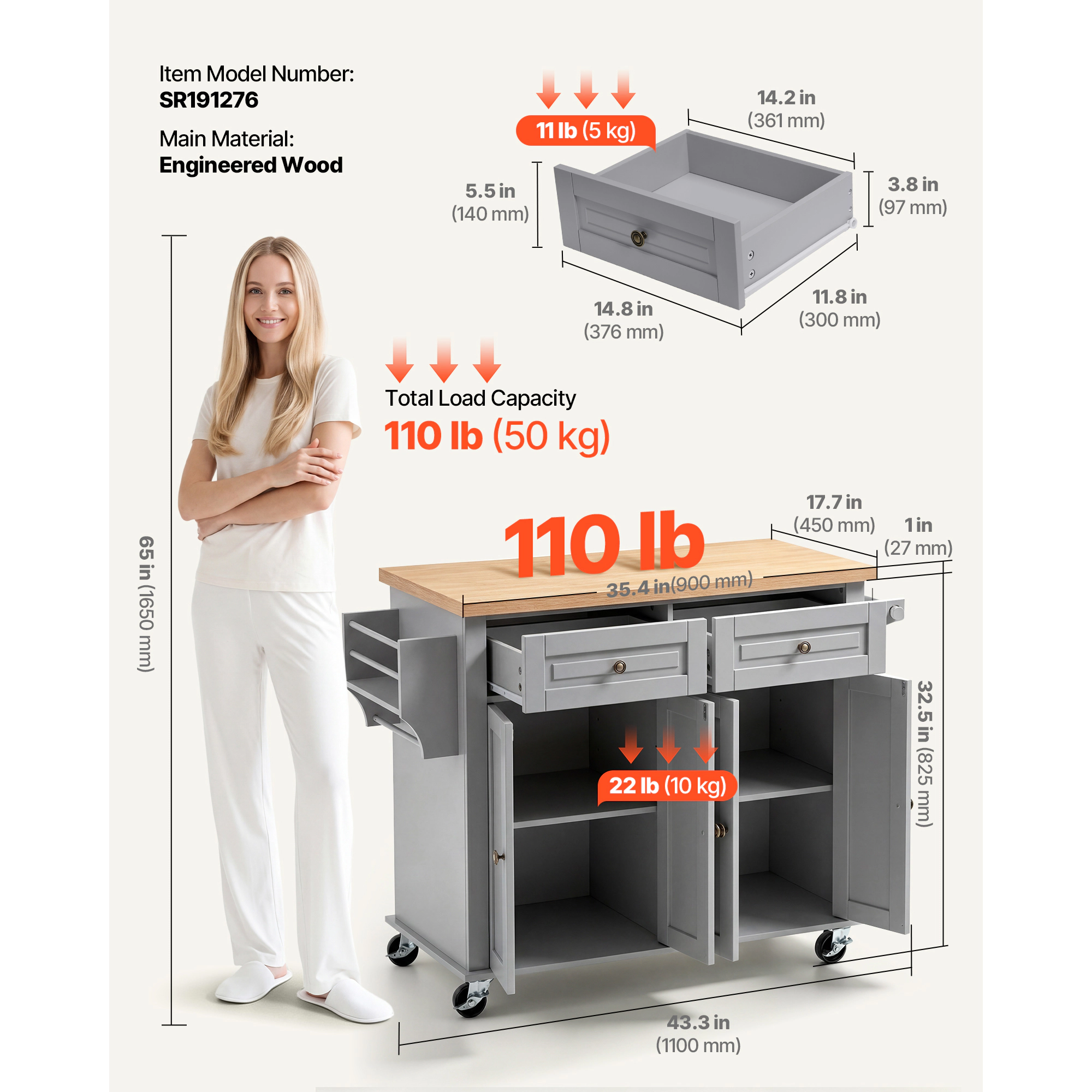 HONGGE Kitchen Island Cart with Storage 43.7 Wide Mobile Rolling on Swivel Wheels 2 Drawers