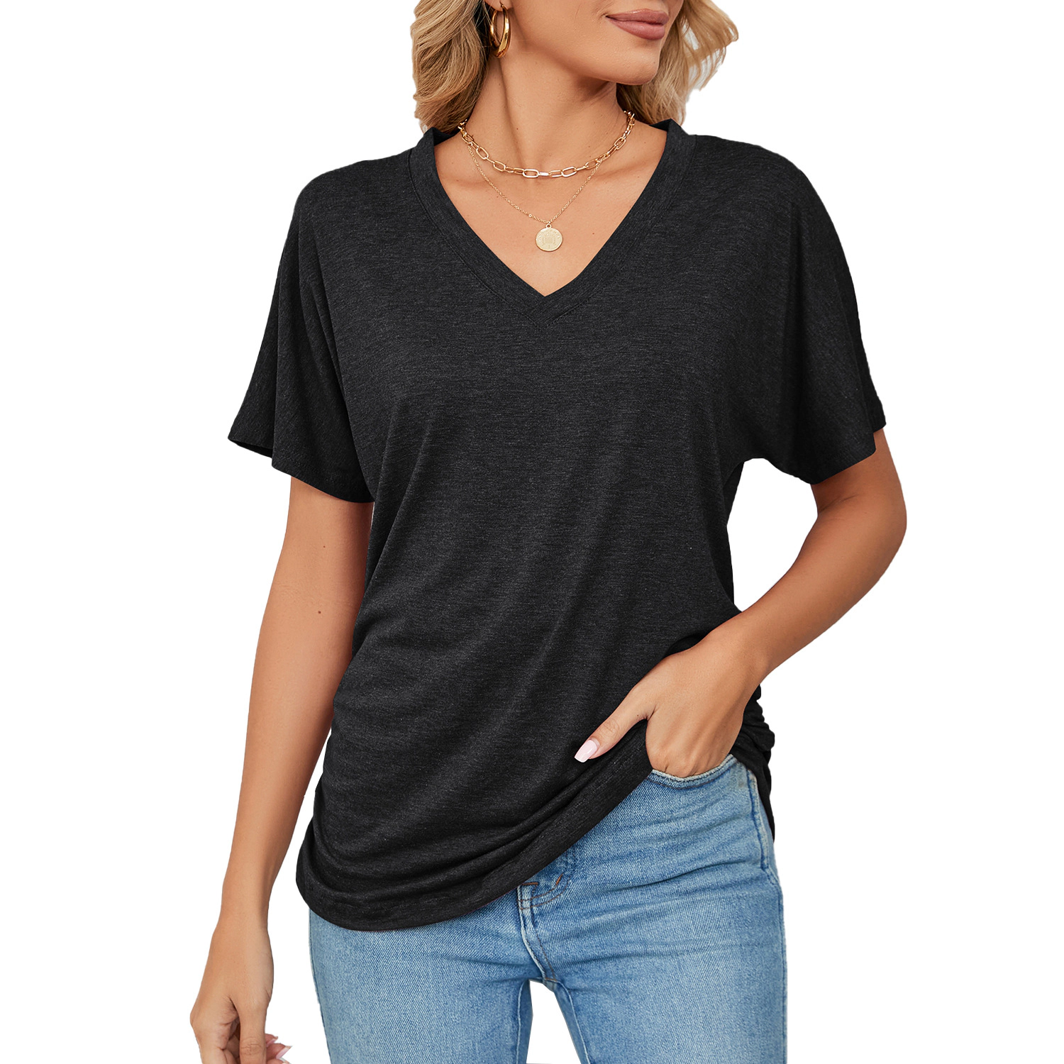 Enchanted Funland Womens V‑Neck Short Sleeve Loose Fit T‑Shirt Tops