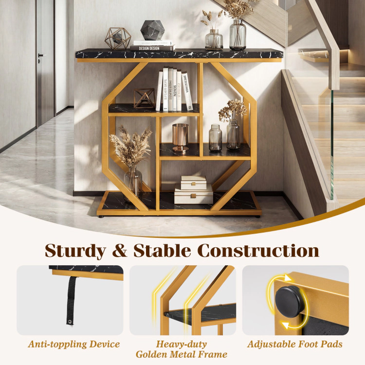 Hivvago Modern Sofa Table Behind Couch 4-Tier Console Table With Faux Marble Tabletop