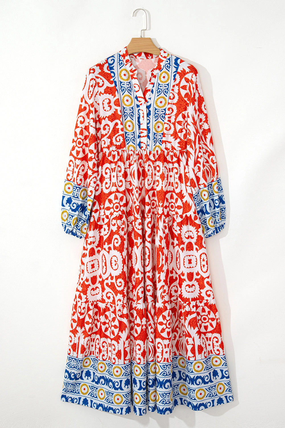 Threaded Pear Women's Lenora Boho Geometric Printed Long Sleeve Maxi Dress