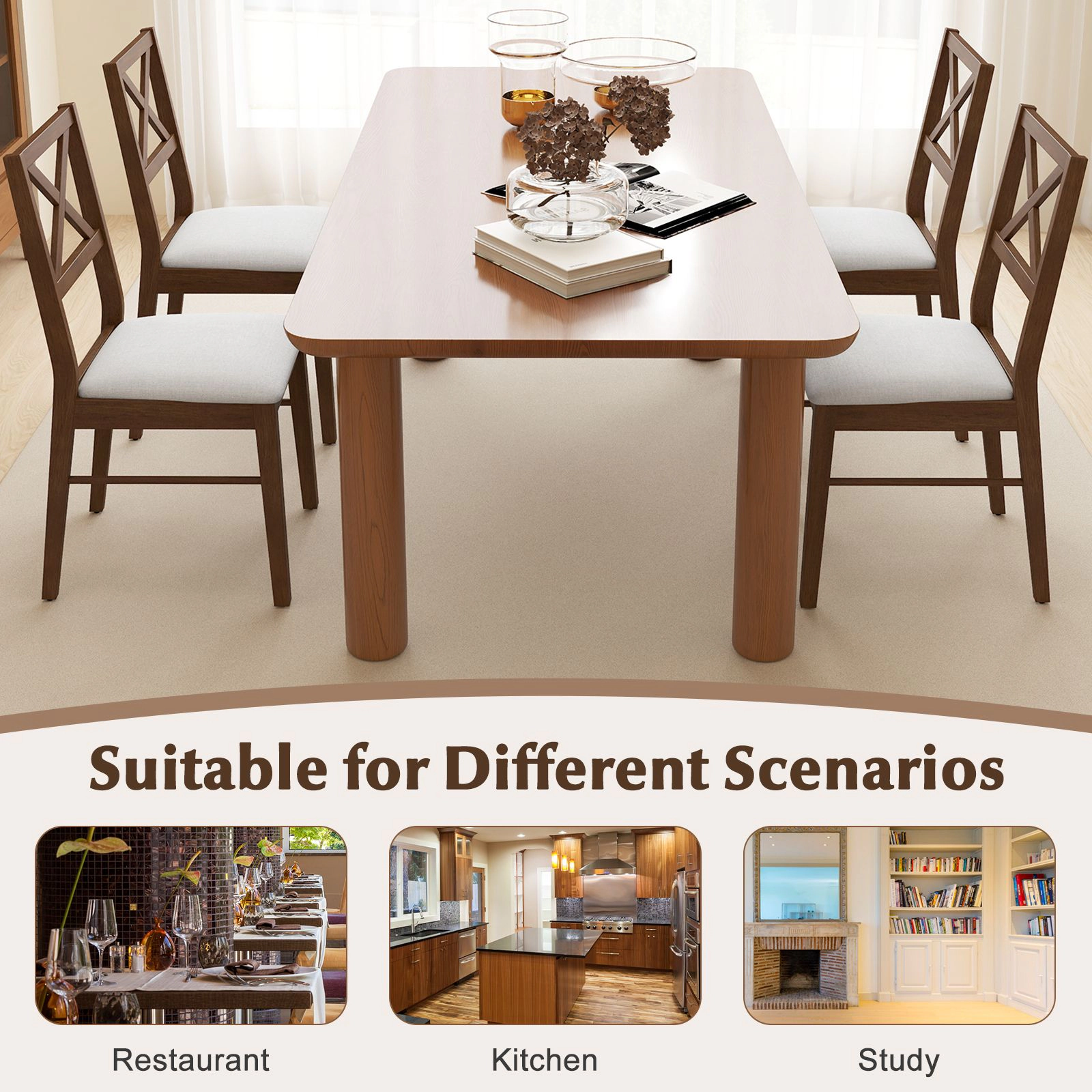 SlickBlue Brown Set of 2 Fabric Dining Chairs Rubber Wood Frame Kitchen Side Chairs