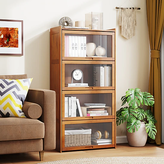 Costway 4-Tier Bamboo Bookshelf w/Doors See-through Acrylic Doors Freestanding Bookcase Natural