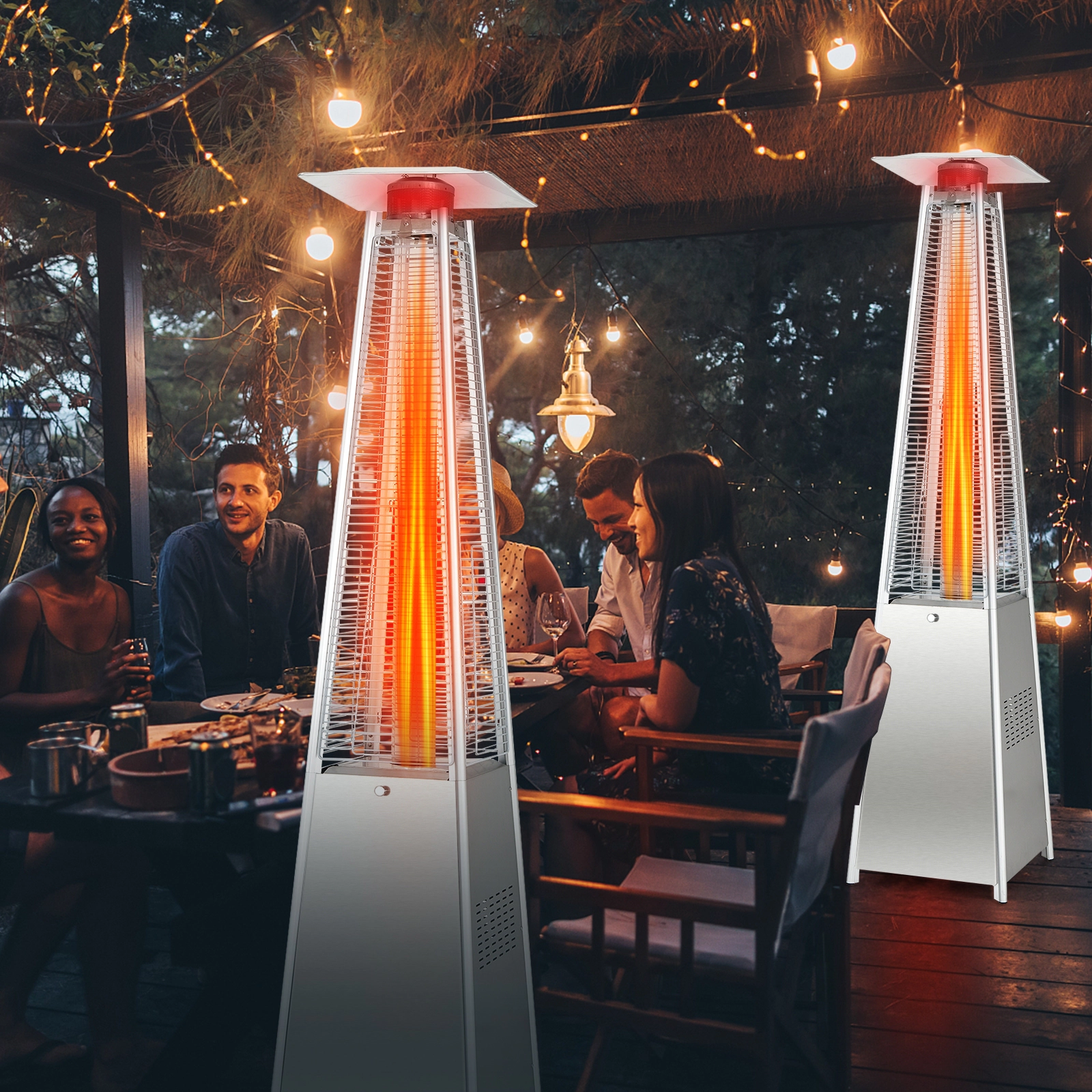 SUGIFT 42000 BTU Pyramid Patio Heater with Reflective Cover Stainless Steel Burner 90-in Tall Silver with Wheels